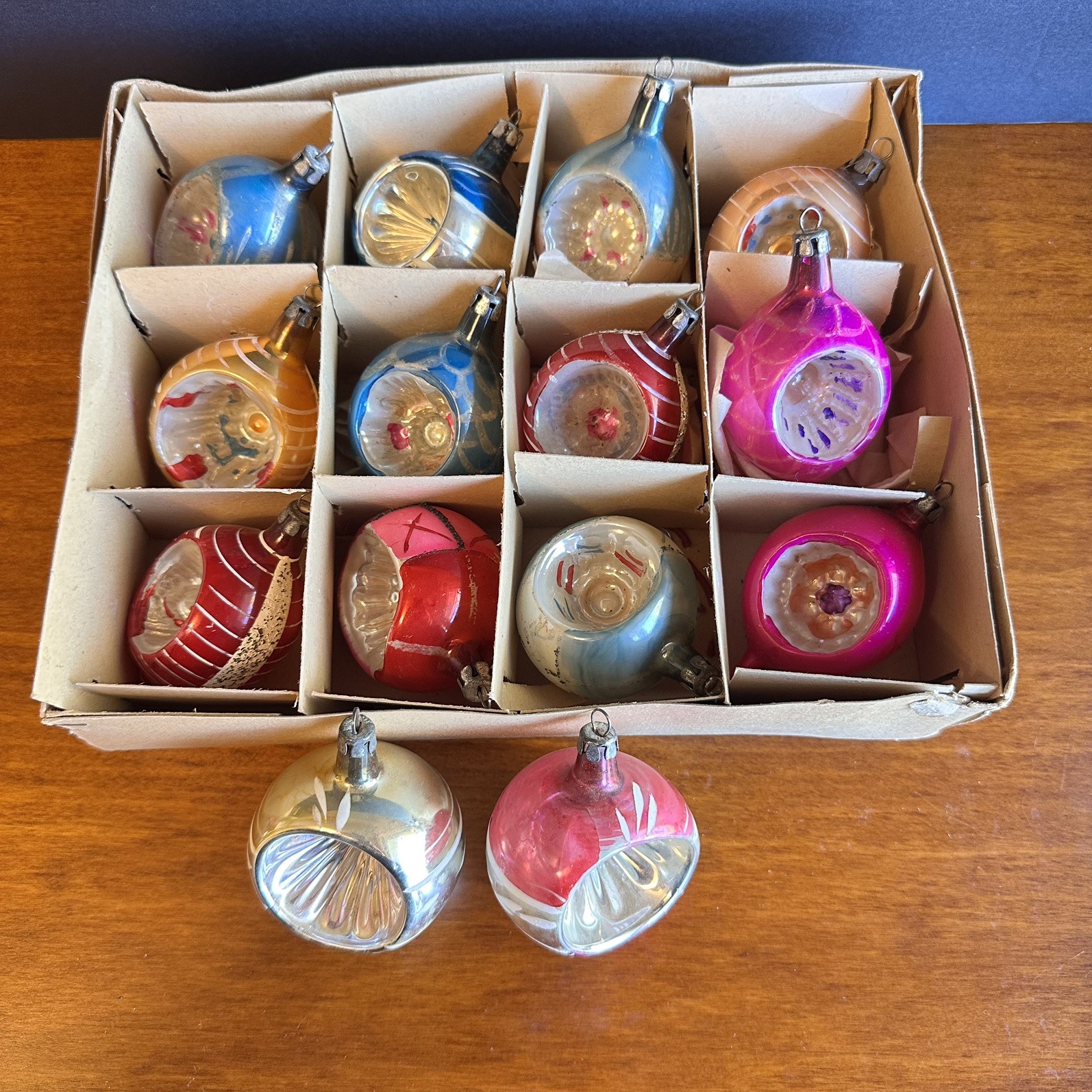 14 Vintage Fantasia Glass Poland Indent Ornaments - Teardrop & Round 14 Vintage Fantasia Glass Poland Indent Ornaments - Teardrop & Round