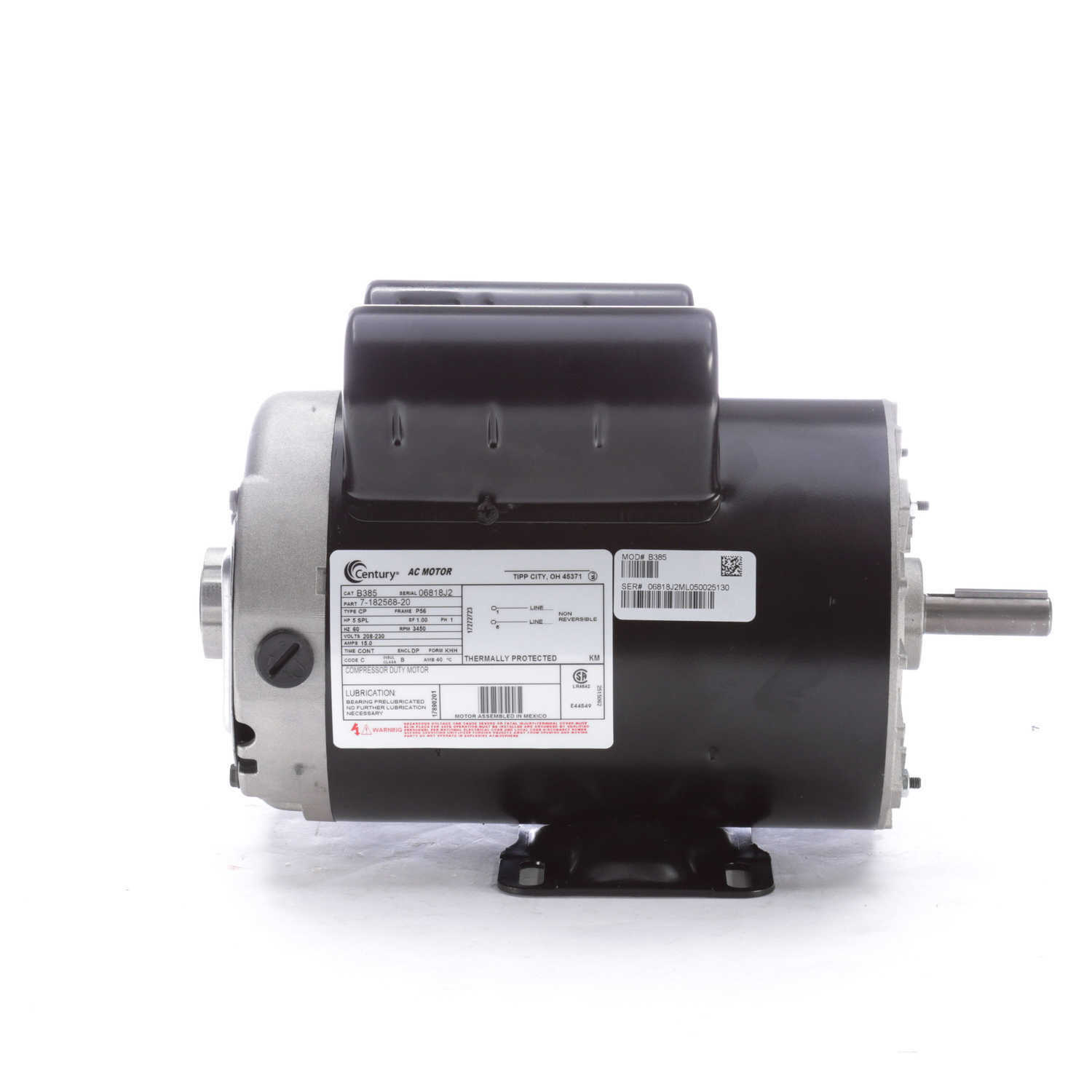 Century B385 Electric Motor 5 HP 3450 Rpm 1PH 208-230 Volt 56 Frame