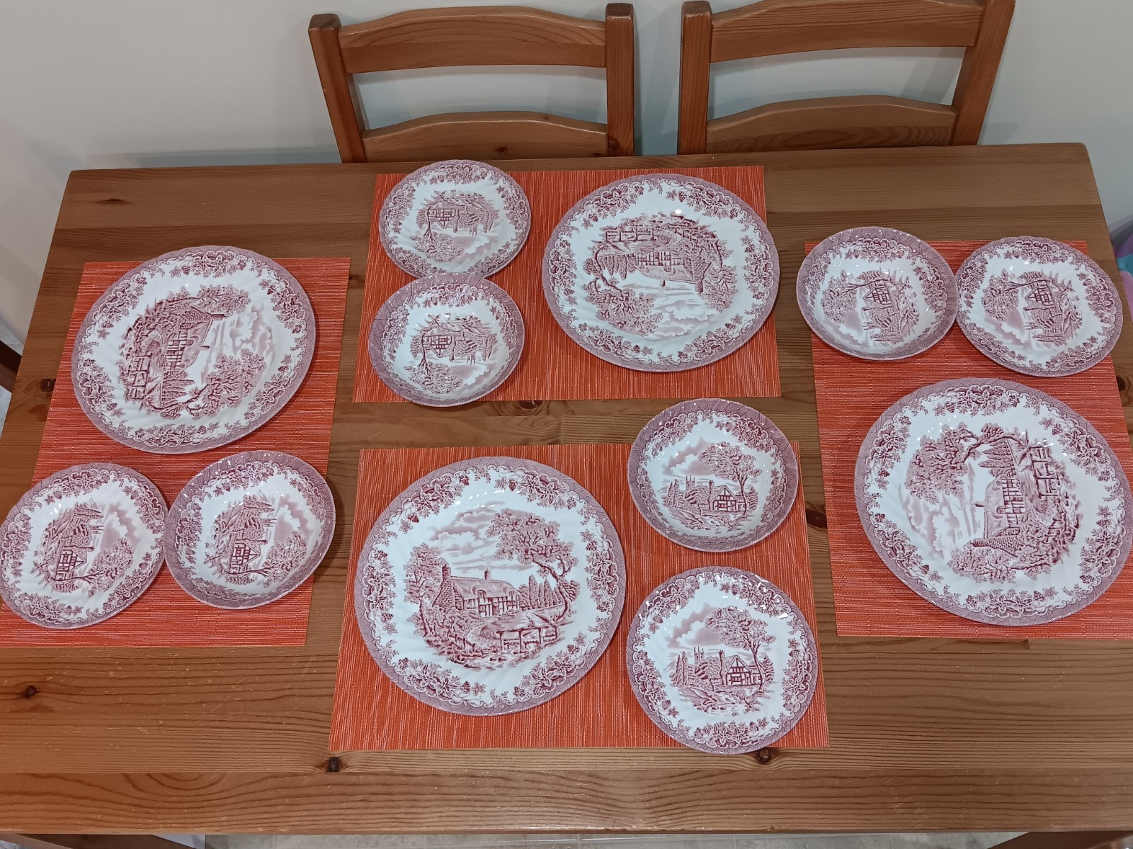 Churchill England The Brook Pink Transferware 12 Pc Dinnerware Set 4 Settings