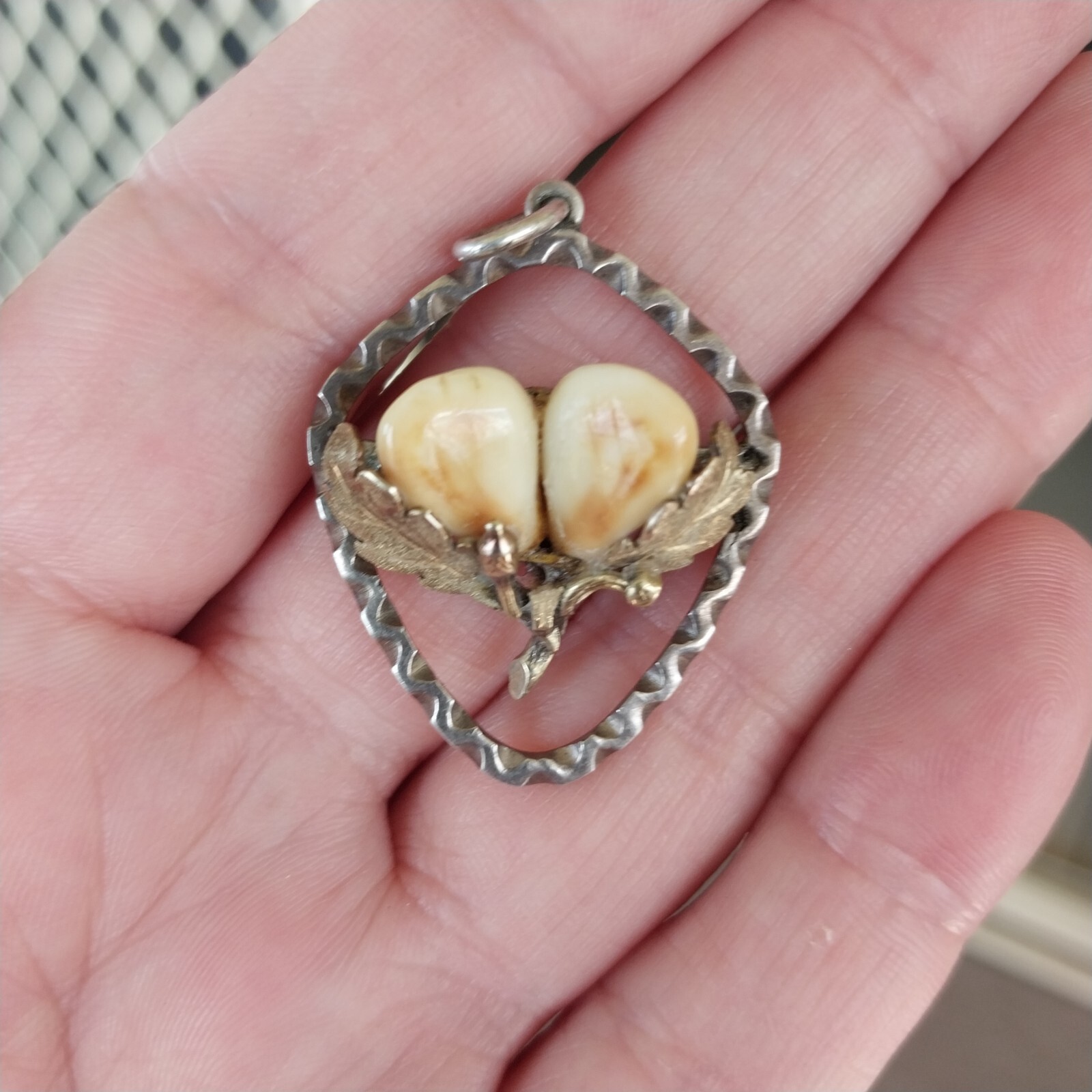 Vtg Antique Deer Tooth Hunting Pendant Silver & Gold Tone Unmarked Approx 3.5cm Vtg Antique Deer Tooth Hunting Pendant Silver & Gold Tone Unmarked Approx 3.5cm