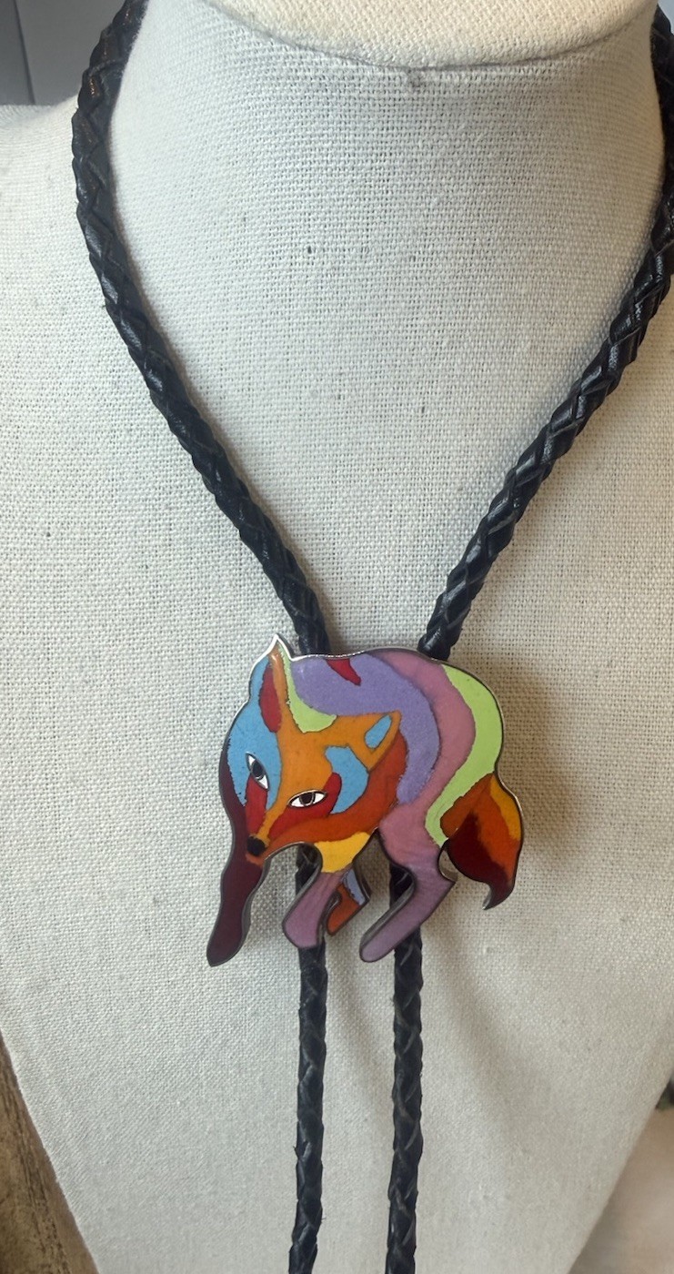 John Nieto Bold Modernist Bolo Tie Gods Dog Wolf Signed With Leather  & 925 Tips