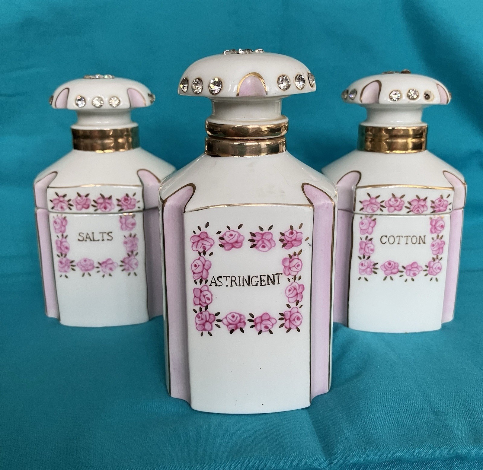 1956 Lefton Jeweled Vanity Set Cotton Astringent Salts set of 3 Hand Painted 1956 Lefton Jeweled Vanity Set Cotton Astringent Salts set of 3 Hand Painted