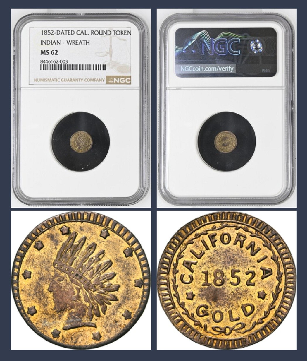 Crude 1852 1/4 California Gold / NGC MS62 / Thin Wreath Variety / Error