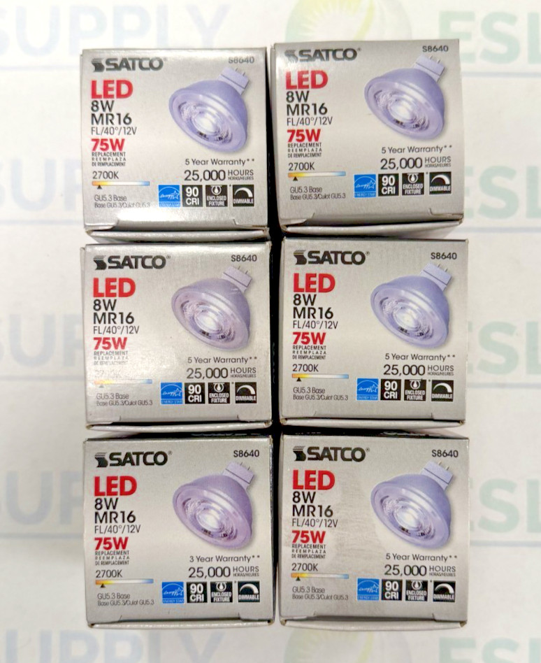 Lot of 6 – Satco S8640 LED MR16 Lamps – 8W, 2700K Warm White, 40° Beam