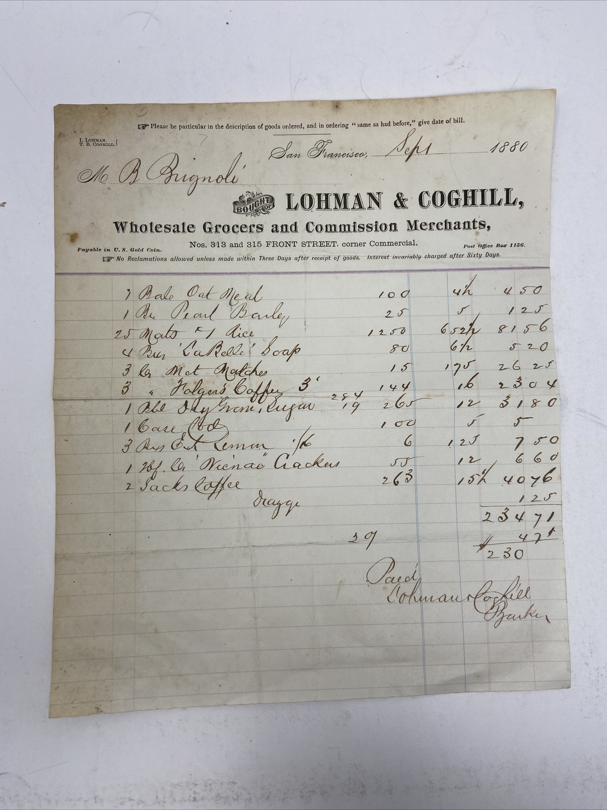 1880 San Francisco CA Billhead Lohman & Coghill Grocers California Front Street 1880 San Francisco CA Billhead Lohman & Coghill Grocers California Front Street