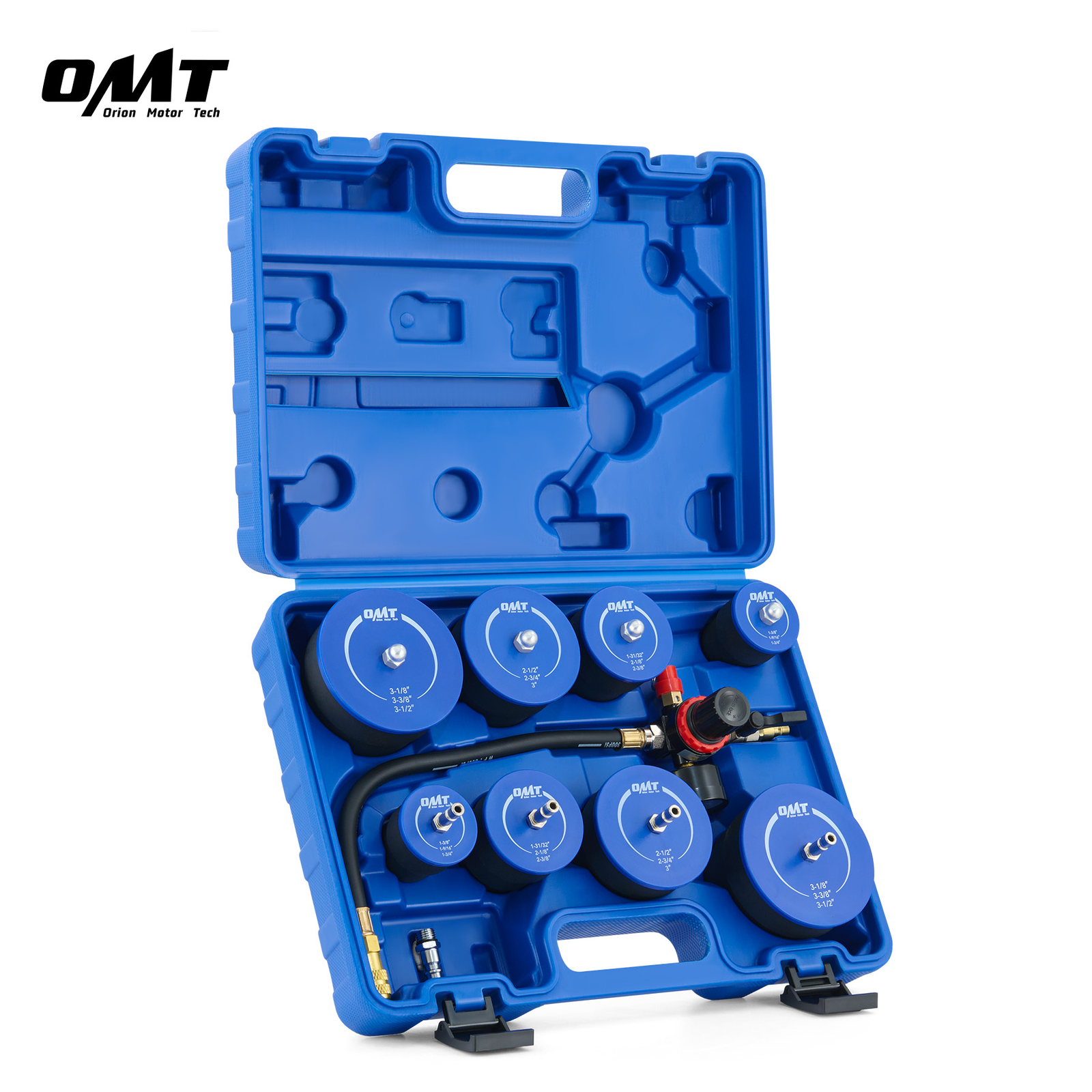 OMT 10pc Turbo System Leakage Tester Kit w 4 Pairs of Adapters 1-3/8 to 3-1/2 OMT 10pc Turbo System Leakage Tester Kit w 4 Pairs of Adapters 1-3/8 to 3-1/2