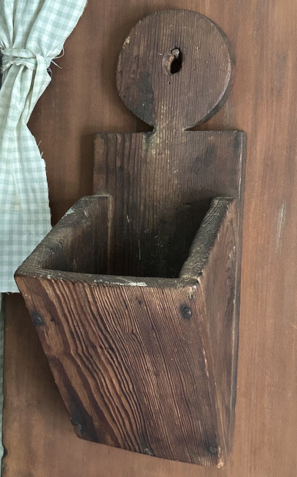 19th c. Primitive Antique Pine Wall Box With Lollipop Cutout and Square Nails 19th c. Primitive Antique Pine Wall Box With Lollipop Cutout and Square Nails