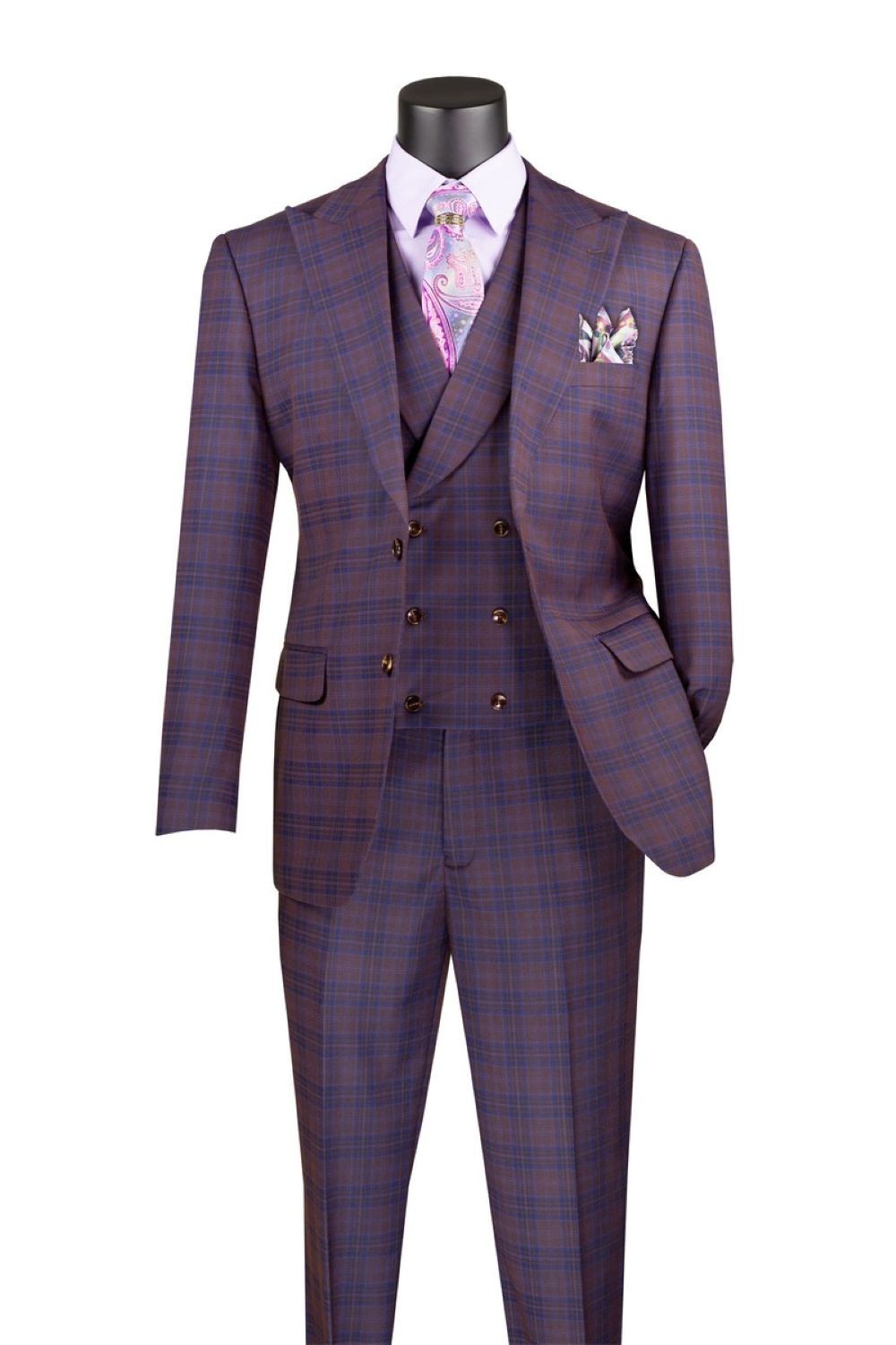 Vinci Men's Modern Fit Glen Plaid Peak Lapel 3-Piece Suit with Vest Purple Vinci Men's Modern Fit Glen Plaid Peak Lapel 3-Piece Suit with Vest Purple