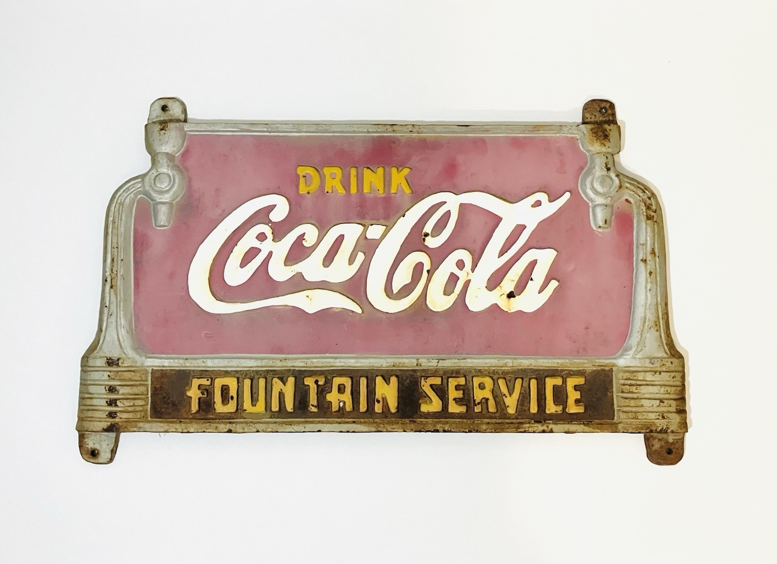Vintage 1930's Drink Coca Cola Fountain Service Cast Iron Bench Advertising Sign Vintage 1930's Drink Coca Cola Fountain Service Cast Iron Bench Advertising Sign