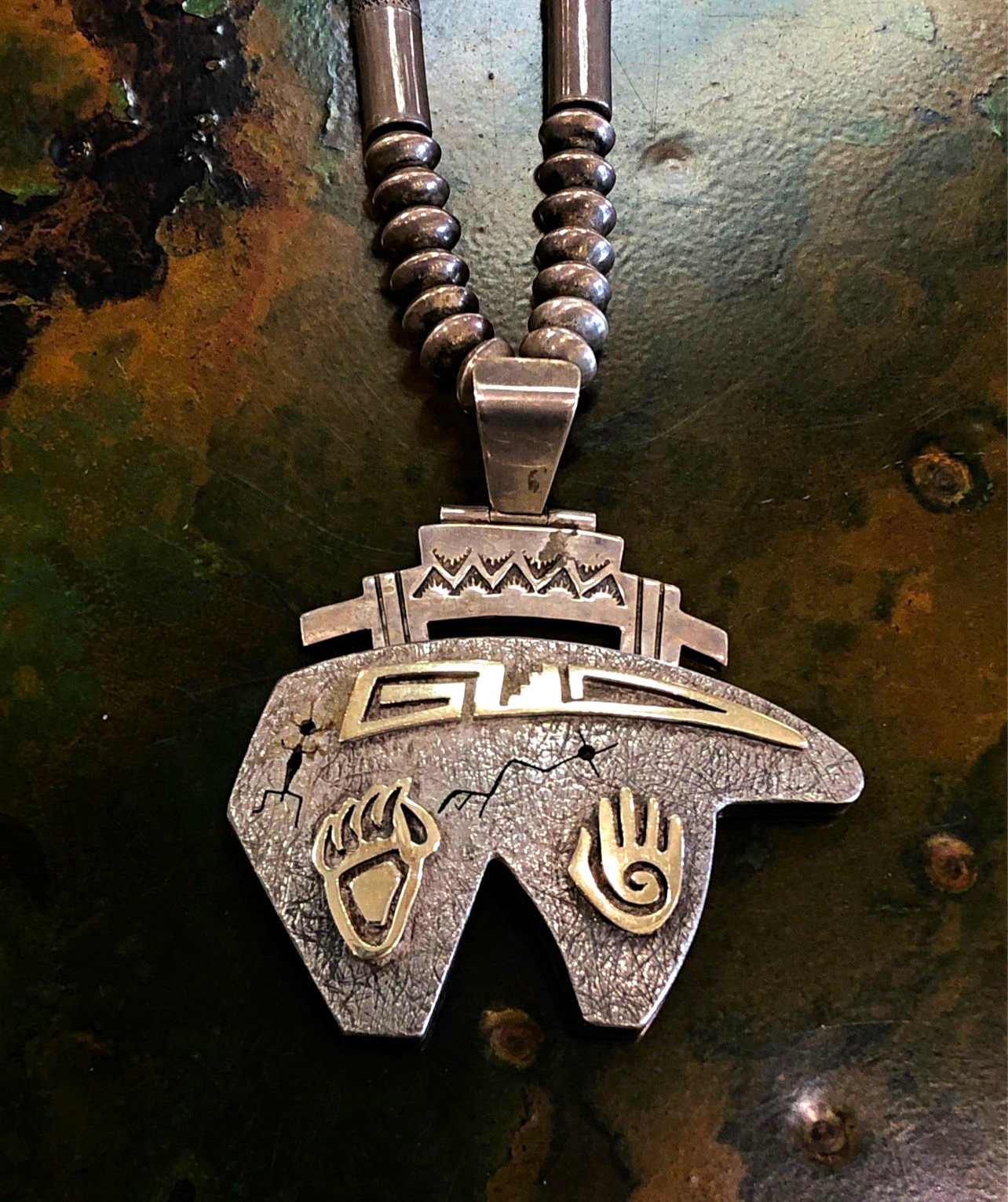 14K Gold Vintage Jack Tom Navajo Handmade Sterling Silver Bear Pendant Necklace