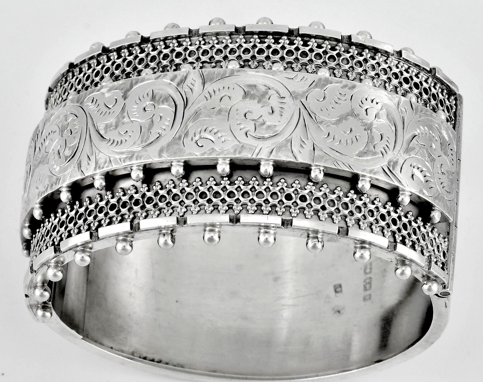Victorian English Sterling Silver Aesthetic Movement Antique Cuff Bangle - 1883