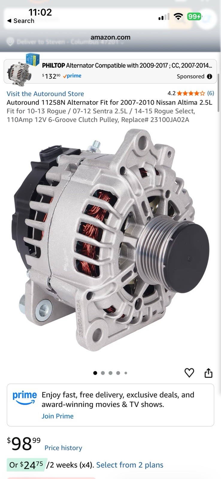 A.R. Nissan Alternator Altima Sentra Rogue 2.5L 110A 2007-15 23100JA02A 11258N