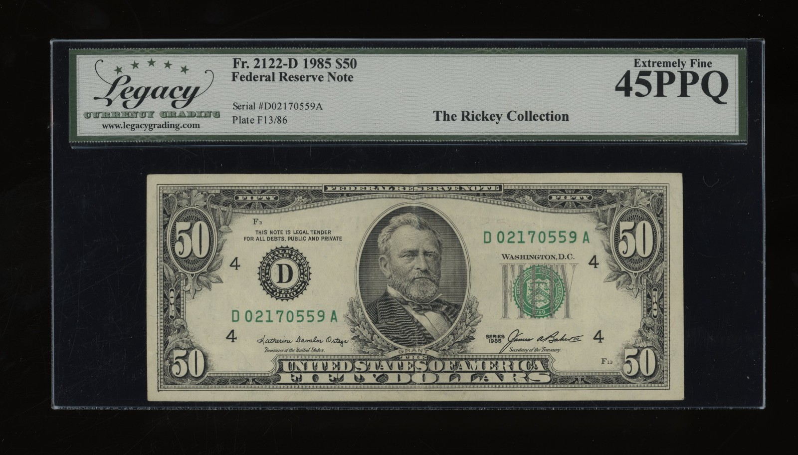 DBR 1985 $50 FRN Cleveland Fr. 2122-D Legacy 45 PPQ Serial D02170559A