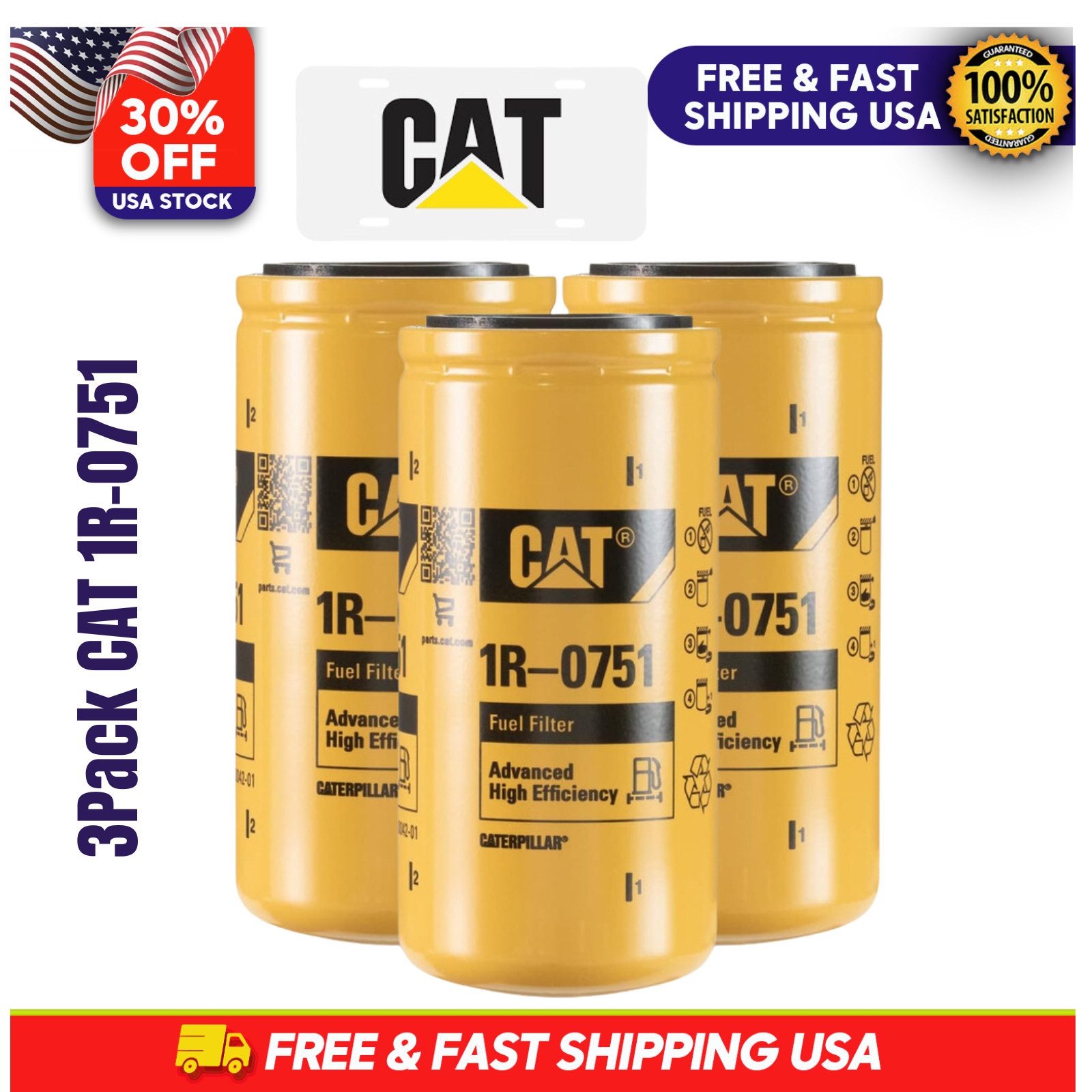 3 Pack NEW CAT 1R-0751 FUEL FILTERS / CATERPILLAR 1R0751