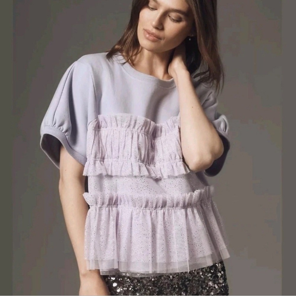 Maeve Anthropologie Purple Tulle Shimmer Puffed Sleeve Tee sz L Maeve Anthropologie Purple Tulle Shimmer Puffed Sleeve Tee sz L