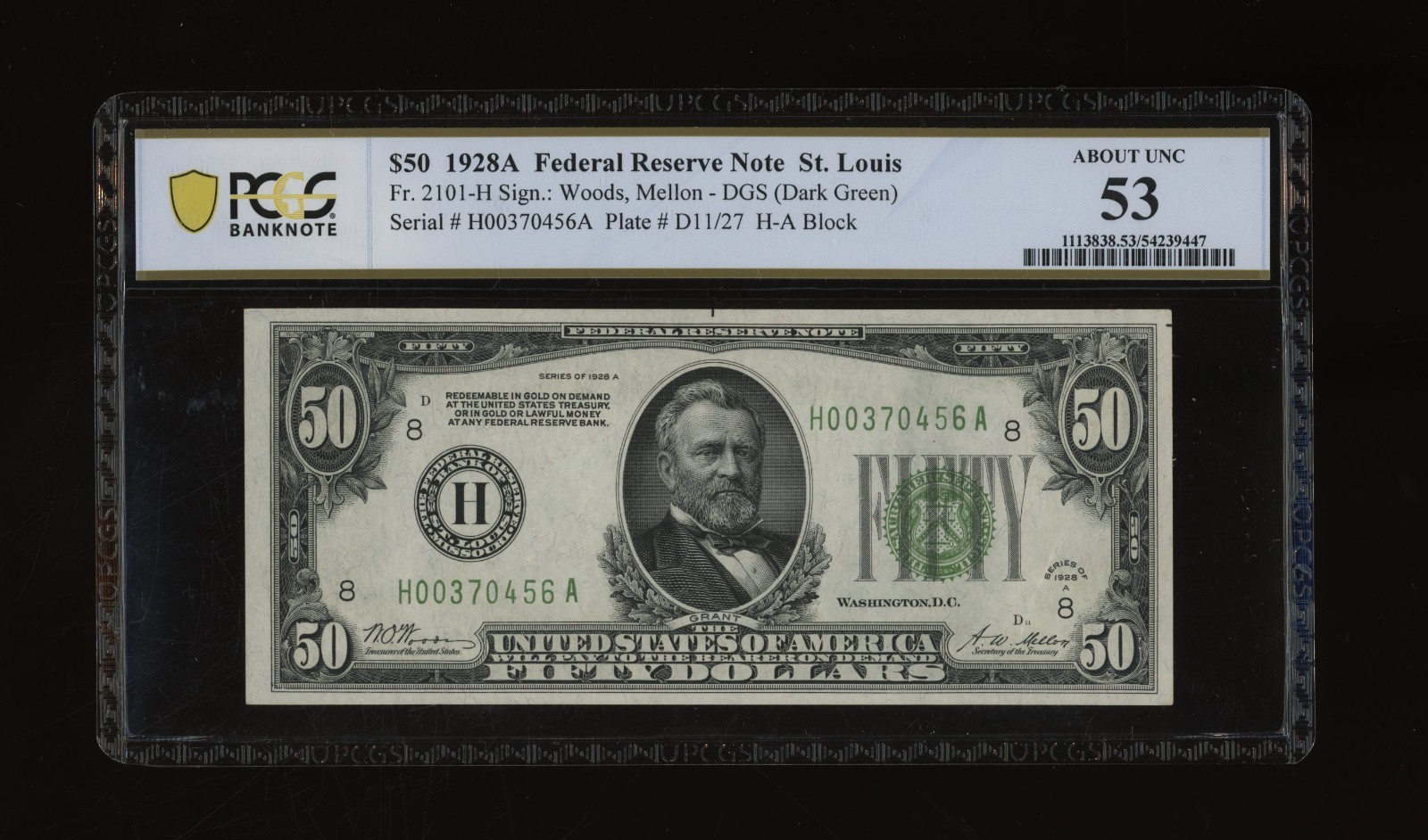 DBR 1928-A $50 DGS FRN St. Louis Fr. 2101-Hdgs PCGS-B 53 Serial H00370456A