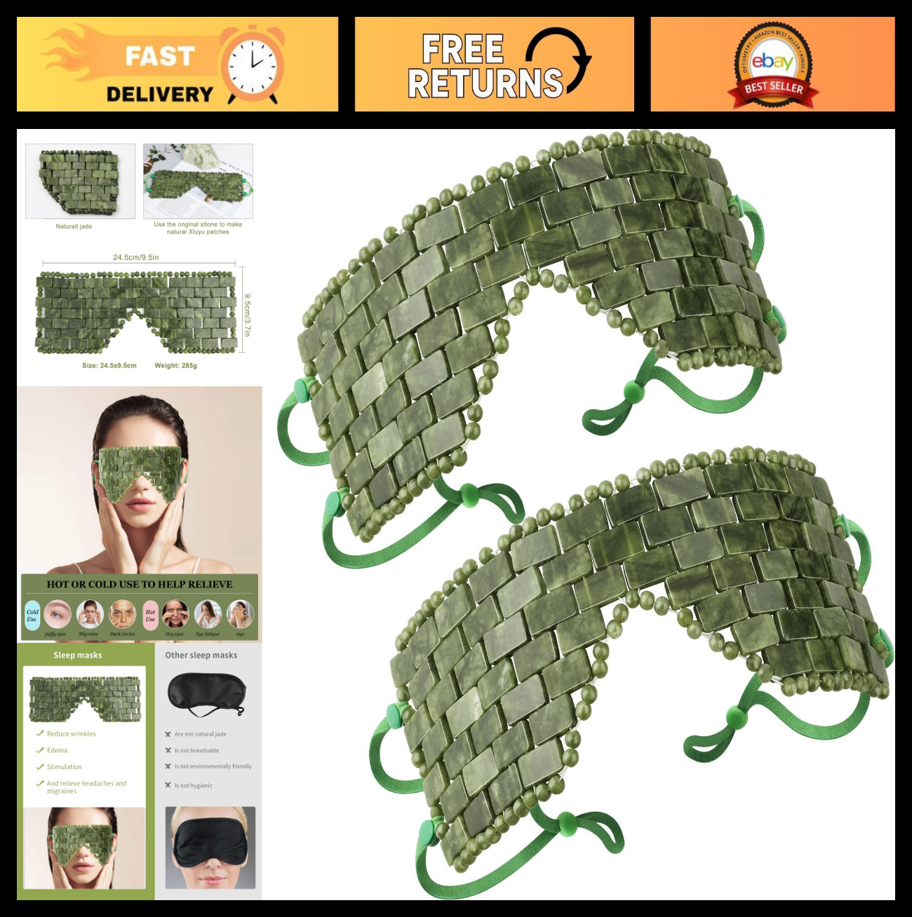 2Pcs Large Jade Eye Mask - 100% Real Jade Cooling Therapy for Relaxation & Sleep