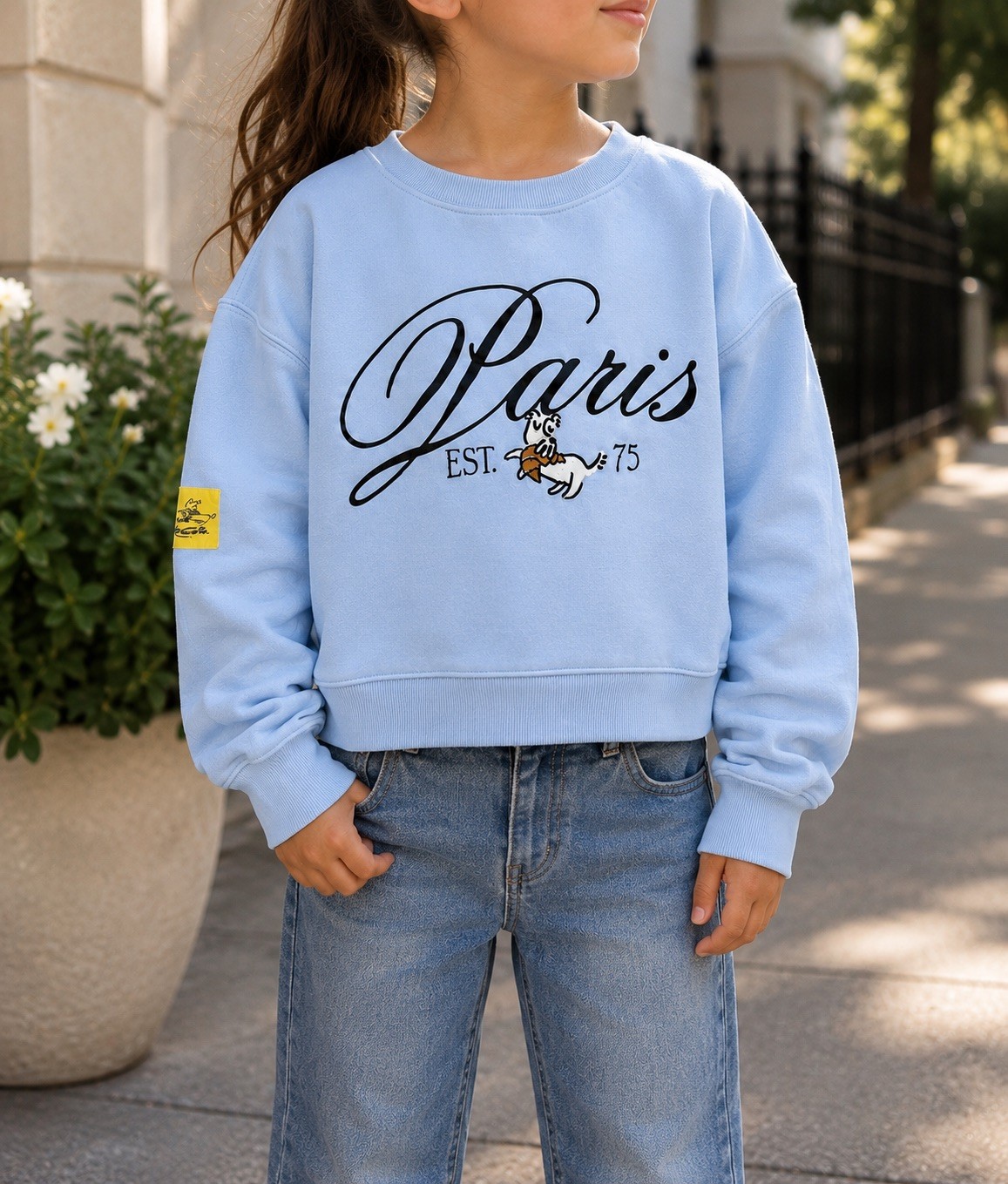 Zara Kids Light Blue Paris Graphic Sweatshirt Dog Croissant Size 8-9