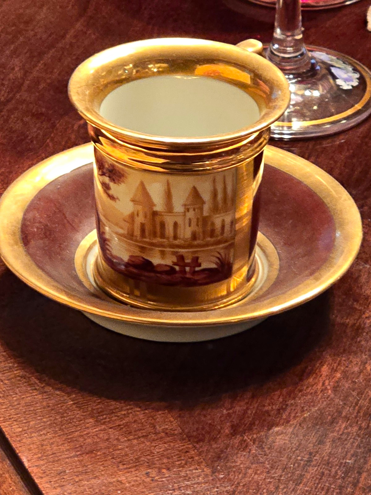 Antique Sevres M Imp de Sevres Porcelain Cup & Saucer Gold Chateau Scene French