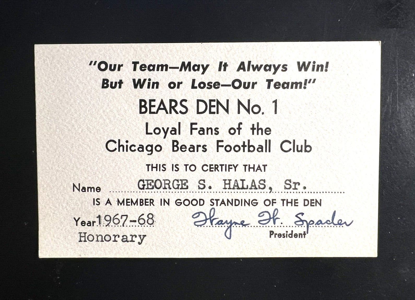 GEORGE HALAS' OWNED ORIG. 1967 HONORARY BEARS DEN # 1 FAN CLUB MEMBERSHIP CARD
