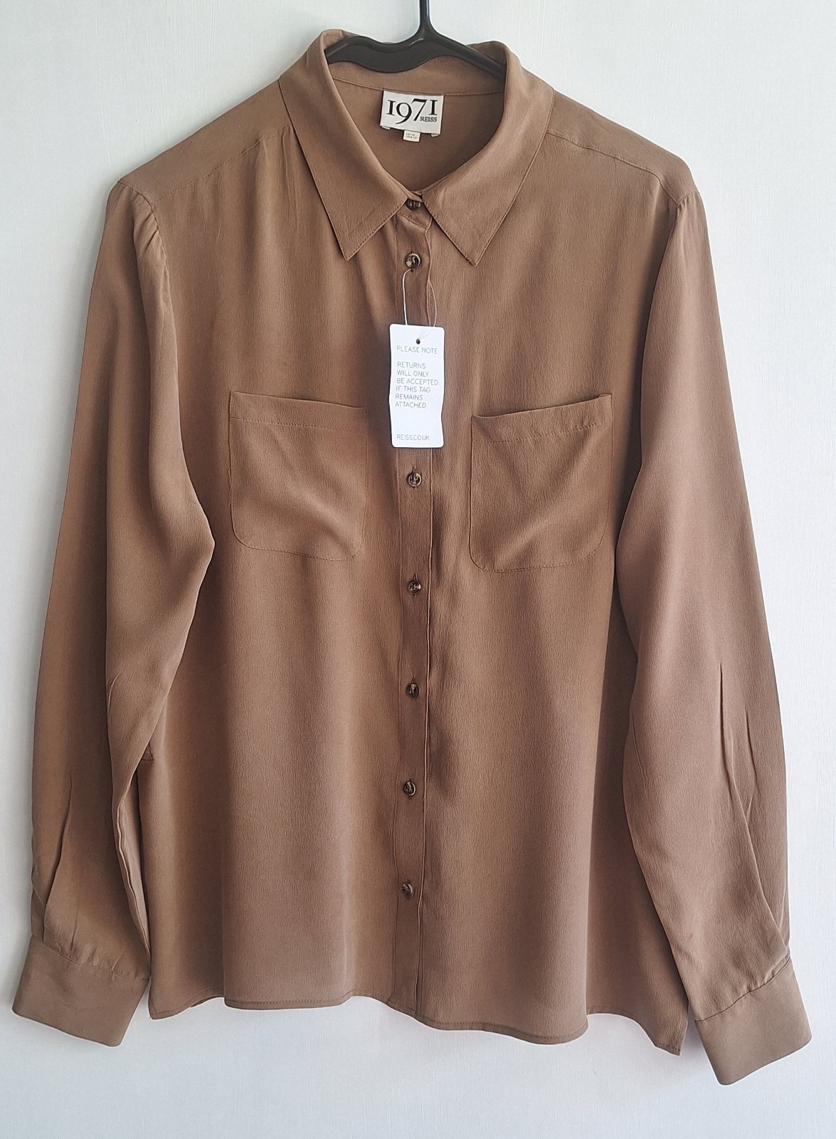 Reiss Women\'s Long Sleeve 100% Silk Coffee Coloured Blouse Size 14 BNWT