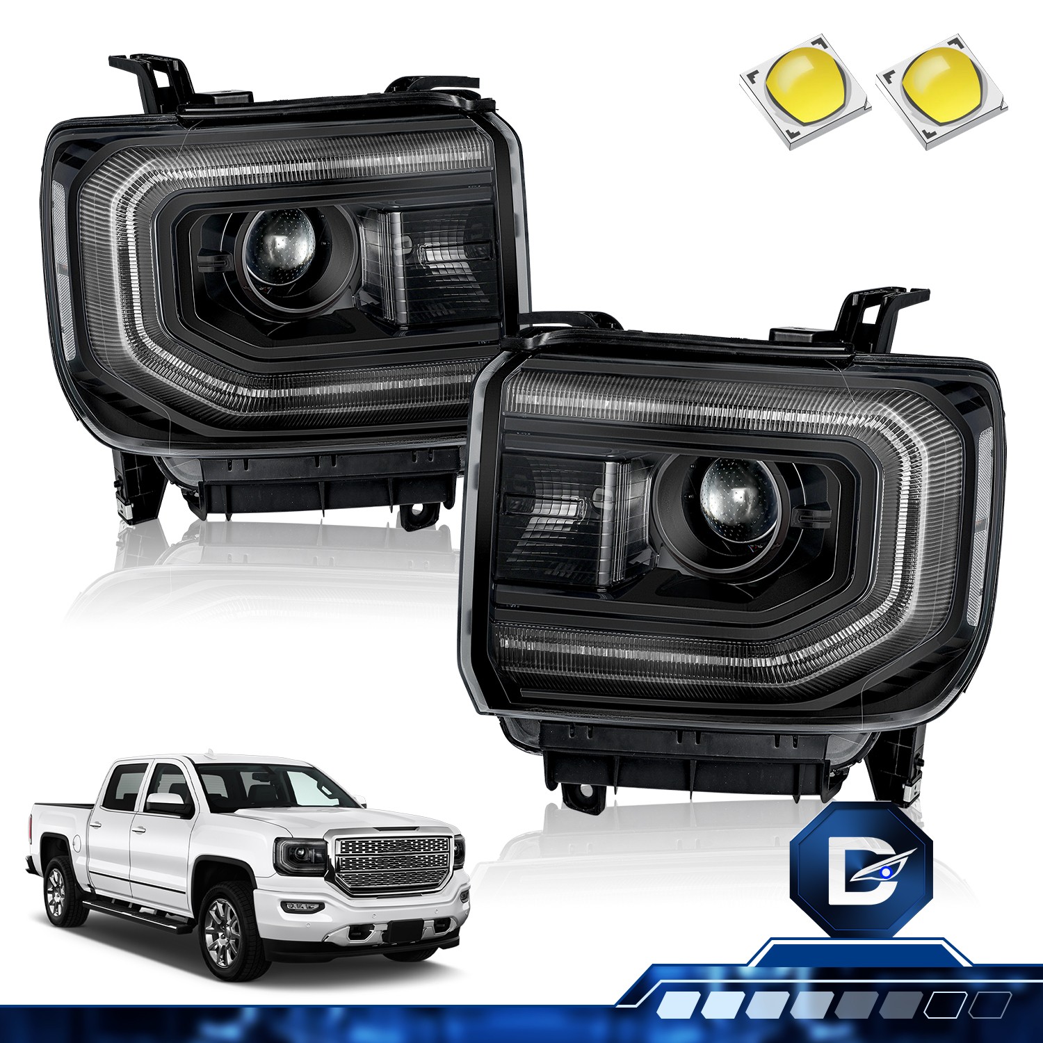 BLACK Housing For 2016-2018 GMC Sierra 1500 HID/Xenon LED DRL Headlights LH+RH