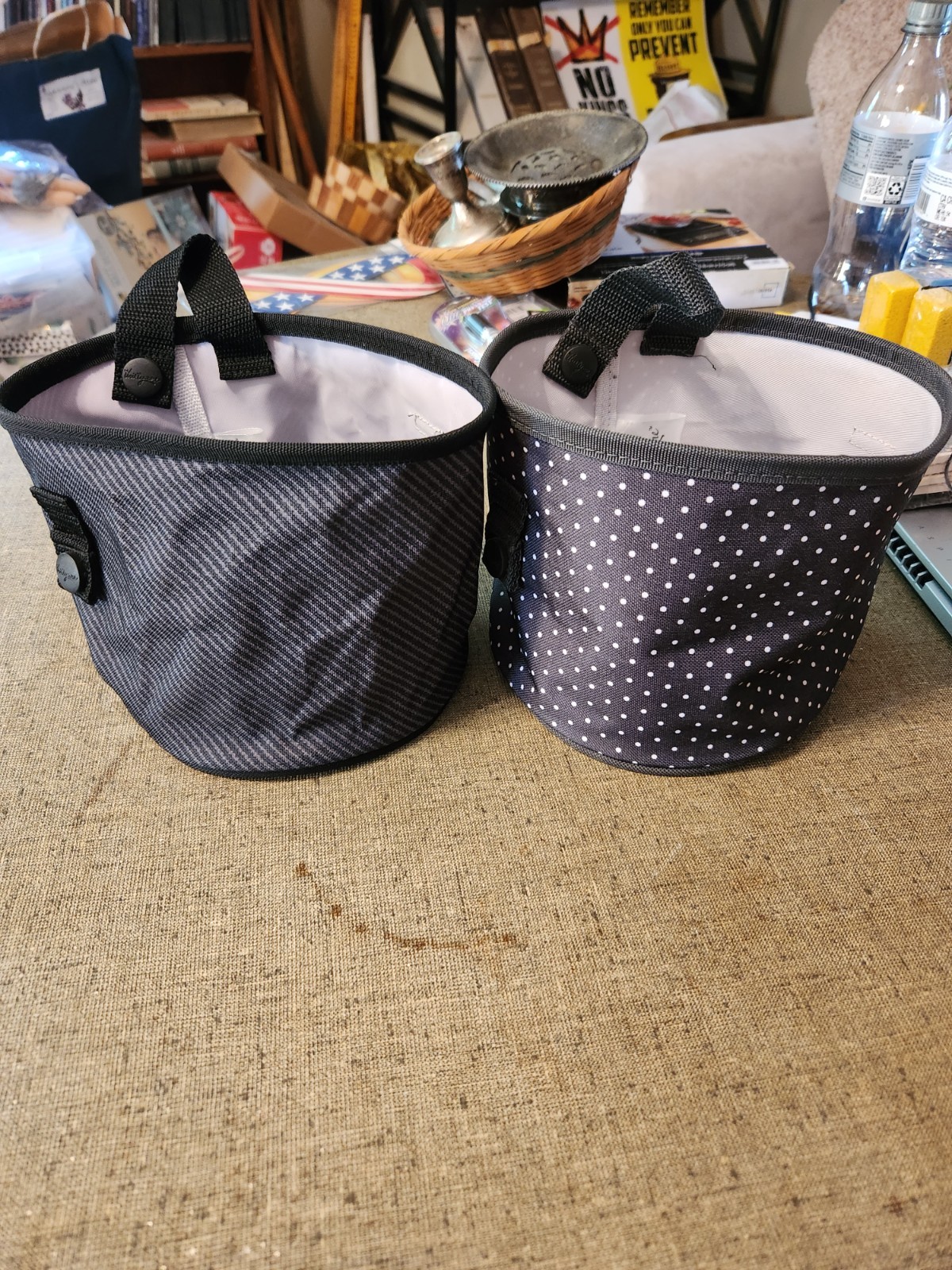 Thirty-One Oh-Snap Bins Set of 2 Black Twill Stripe Black White Dot Retired Thirty-One Oh-Snap Bins Set of 2 Black Twill Stripe Black White Dot Retired