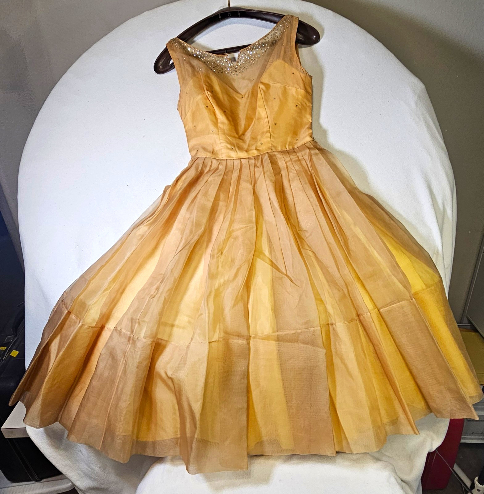 Vintage 1950s Golden Silk Organza Cocktail Party Dress - Rhinestone Neck - As Is Vintage 1950s Golden Silk Organza Cocktail Party Dress - Rhinestone Neck - As Is
