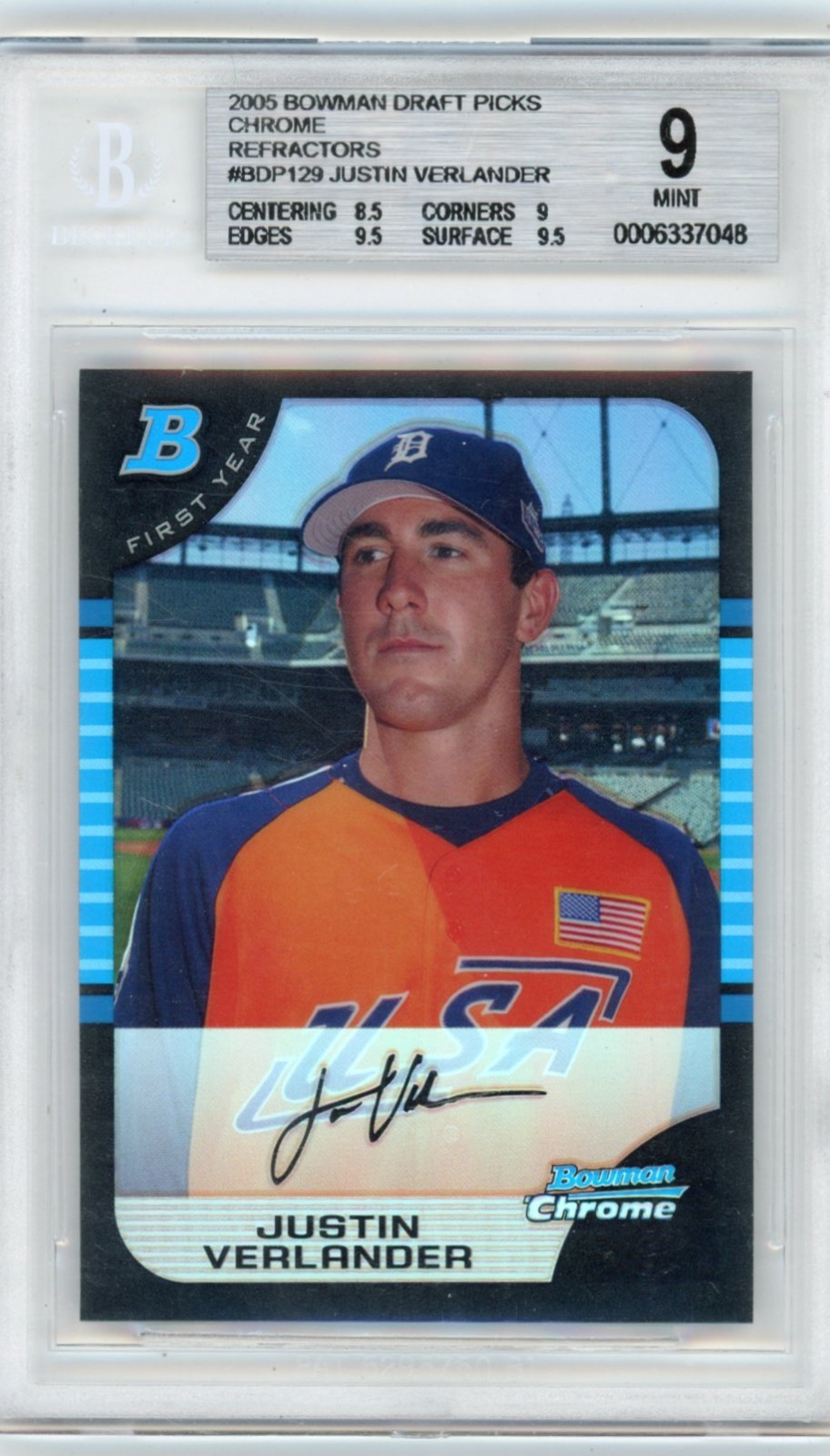 2005 Bowman Chrome Justin Verlander Refractor #BDP129 (AU, RC) BGS 9 2005 Bowman Chrome Justin Verlander Refractor #BDP129 (AU, RC) BGS 9
