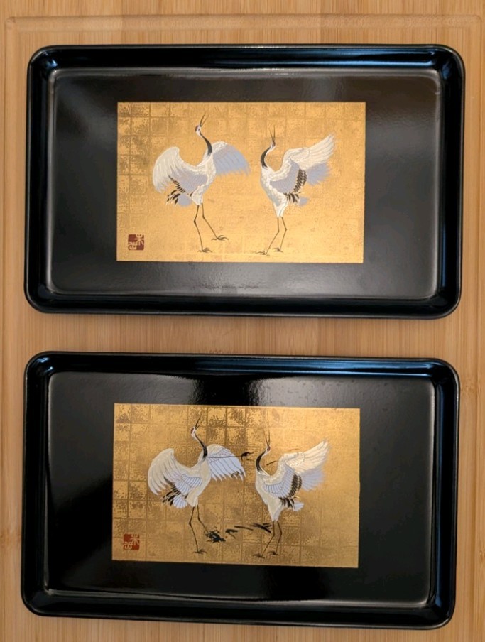 Vintage Yamanaka Lacquer Flying Cranes Tray Set of 2 Made In Japan