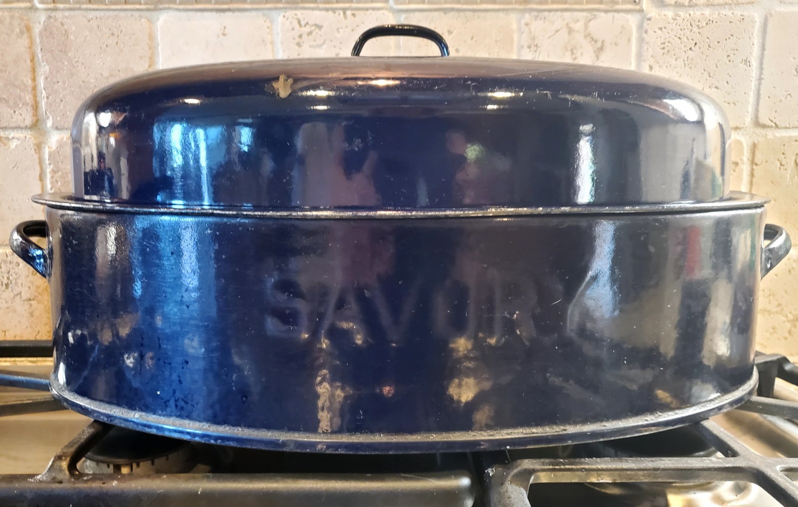 Vtg Large SAVORY Blue Double Wall Roasting Pan 11X17 Enamel Roaster w/Lid Vtg Large SAVORY Blue Double Wall Roasting Pan 11X17 Enamel Roaster w/Lid