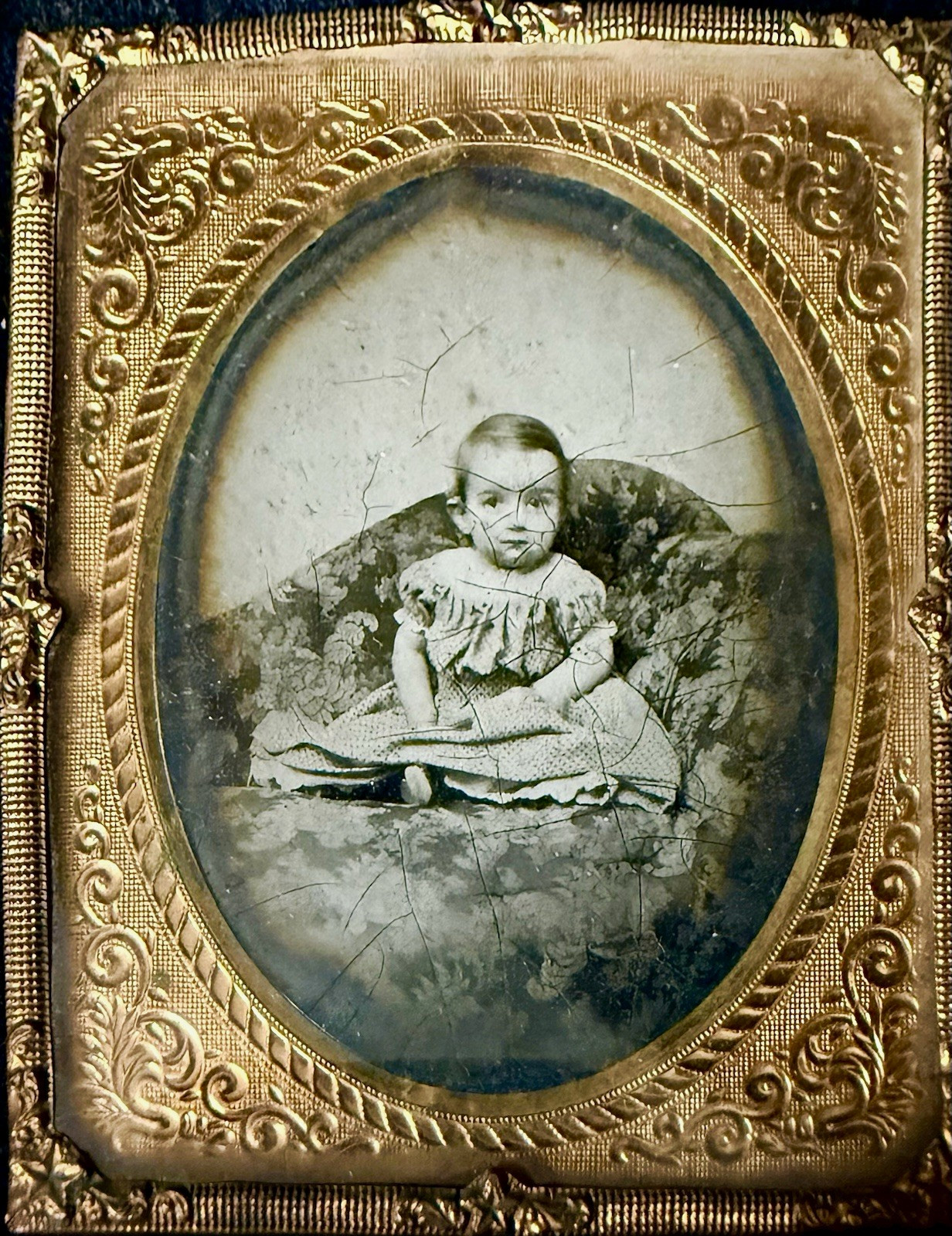 Cute Antique 6th Plate Tintype Photograph Portrait of Baby in Ornate Brass Matte