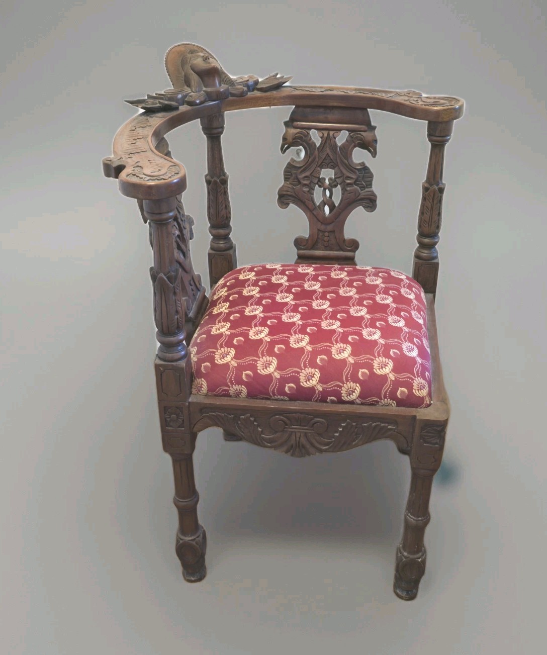 Vintage Victorian Carved Wood Corner Chair with Female Head Crest On Top Vintage Victorian Carved Wood Corner Chair with Female Head Crest On Top
