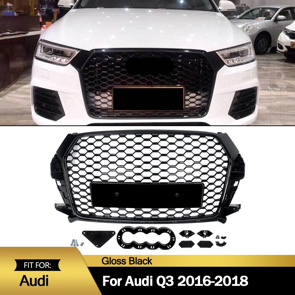 For Audi Q3 2016 2018 RSQ3 Style Black Grille Glossy Honeycomb Mesh Bumper Grill