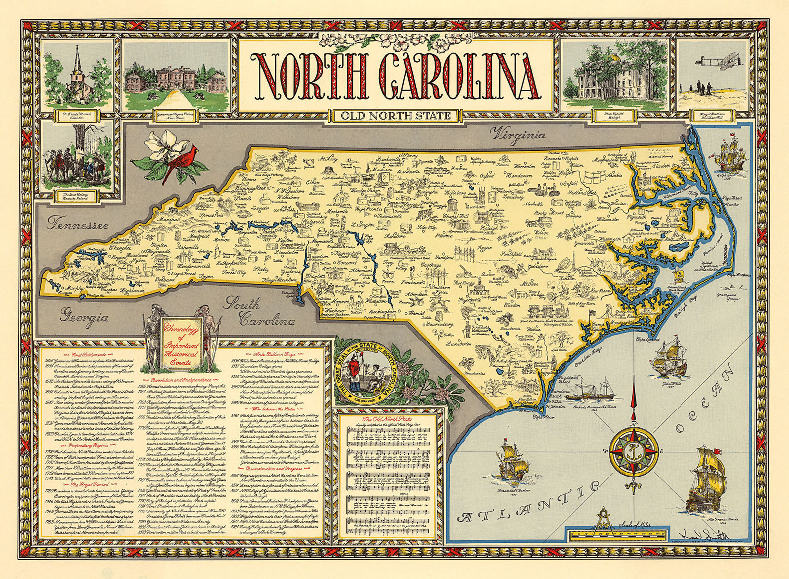 Pictorial Map of North Carolina Old North State Historical Wall Poster Vintage