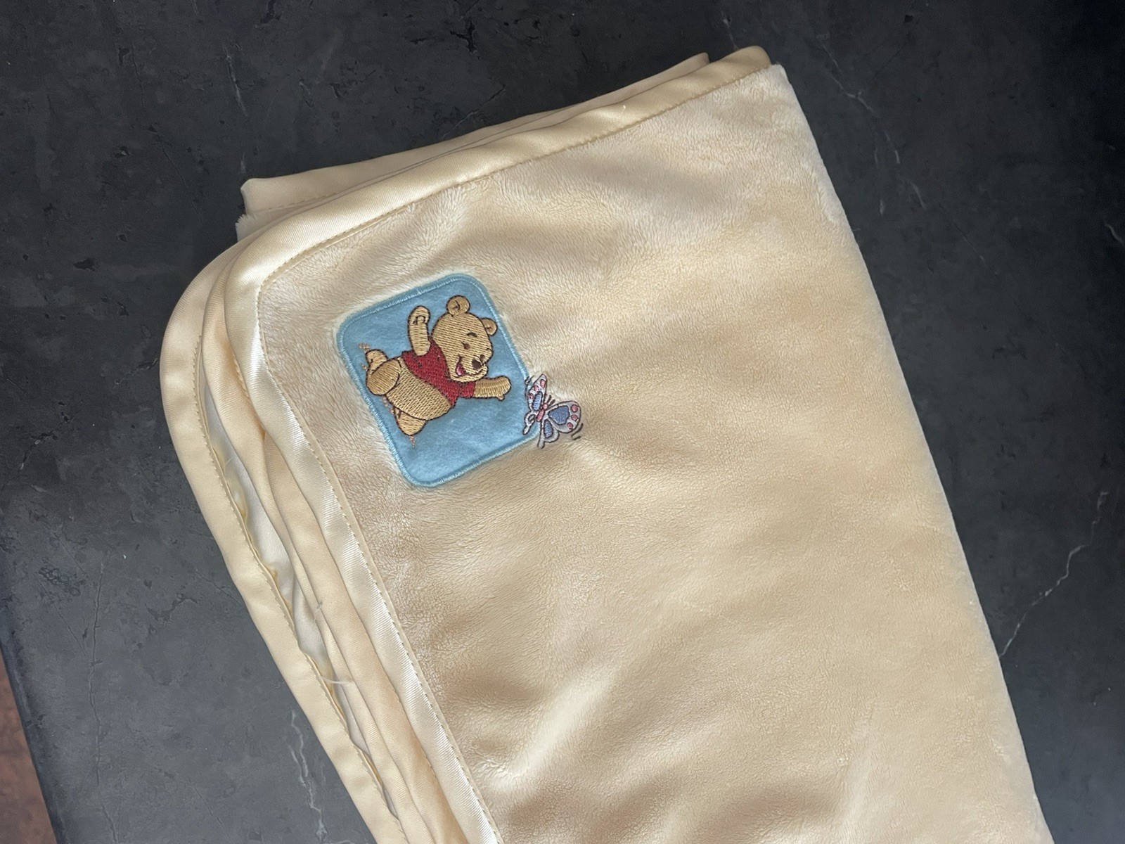 Vintage HTF Disney Winnie The Pooh Yellow Baby Blanket Satin Back satin edges Vintage HTF Disney Winnie The Pooh Yellow Baby Blanket Satin Back satin edges