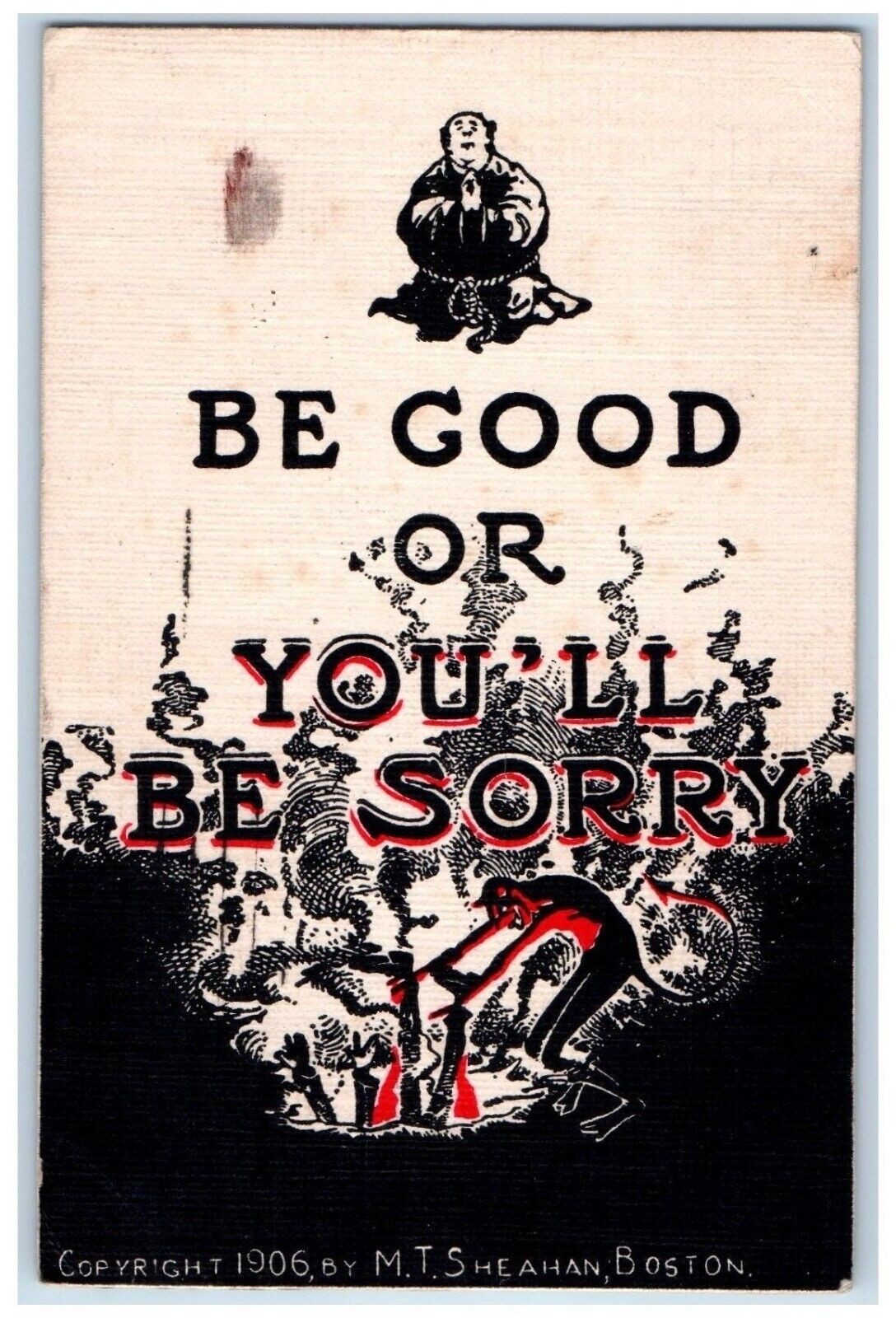 MT Sheahan Signed Postcard Devil Be Good OR You'll Be Sorry c1910's Antique