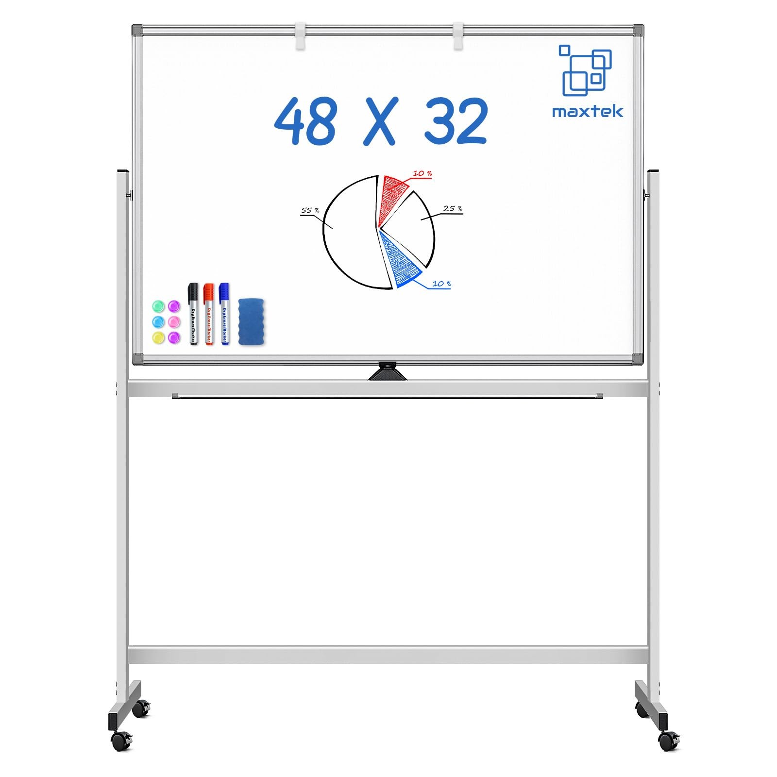 Maxtek Mobile Whiteboard 48x32 Double Sided Magnetic Dry Erase