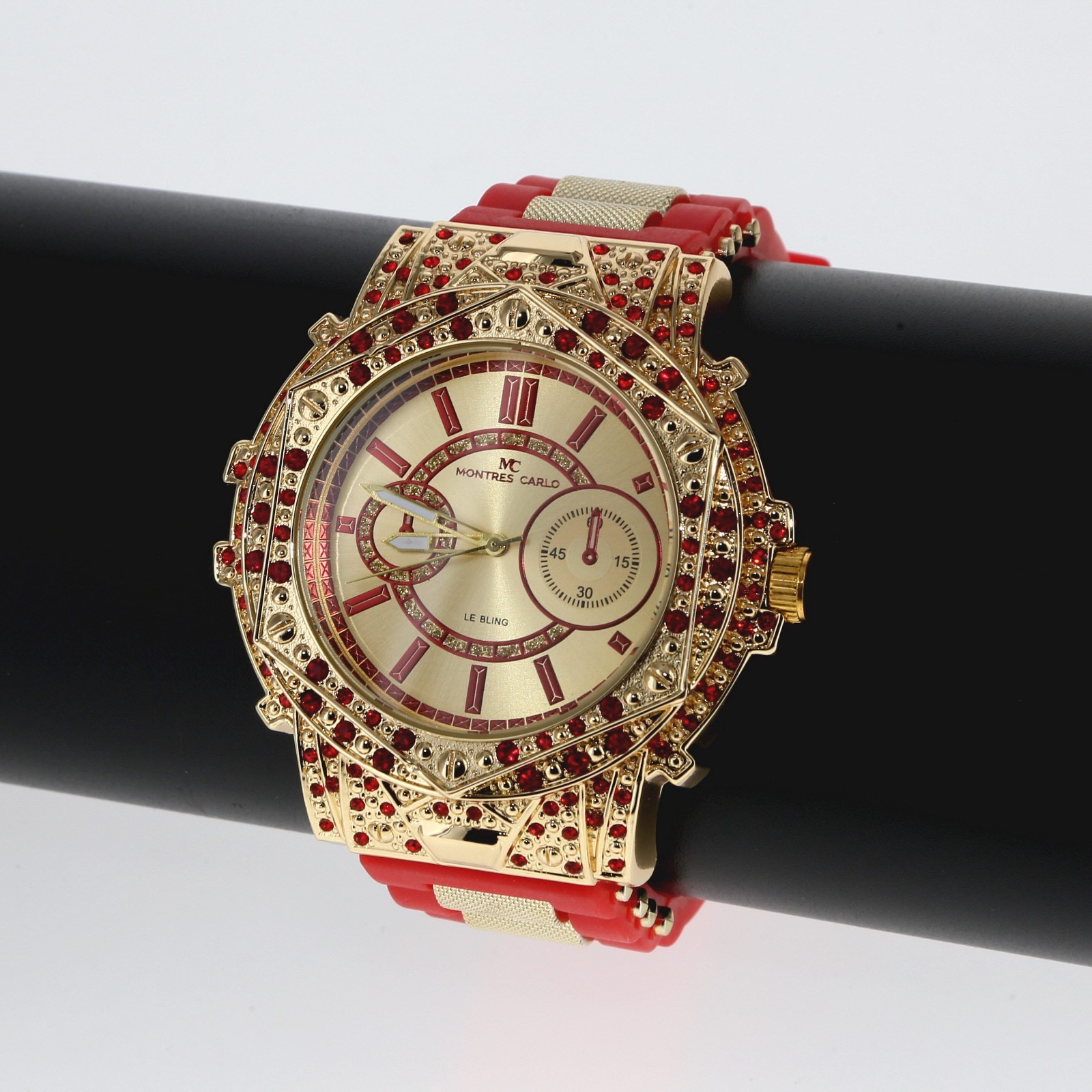 Montres Carlo Men\'s Hip Hop rapper Red Stones Gold Finish Clubbing Luxury Watch