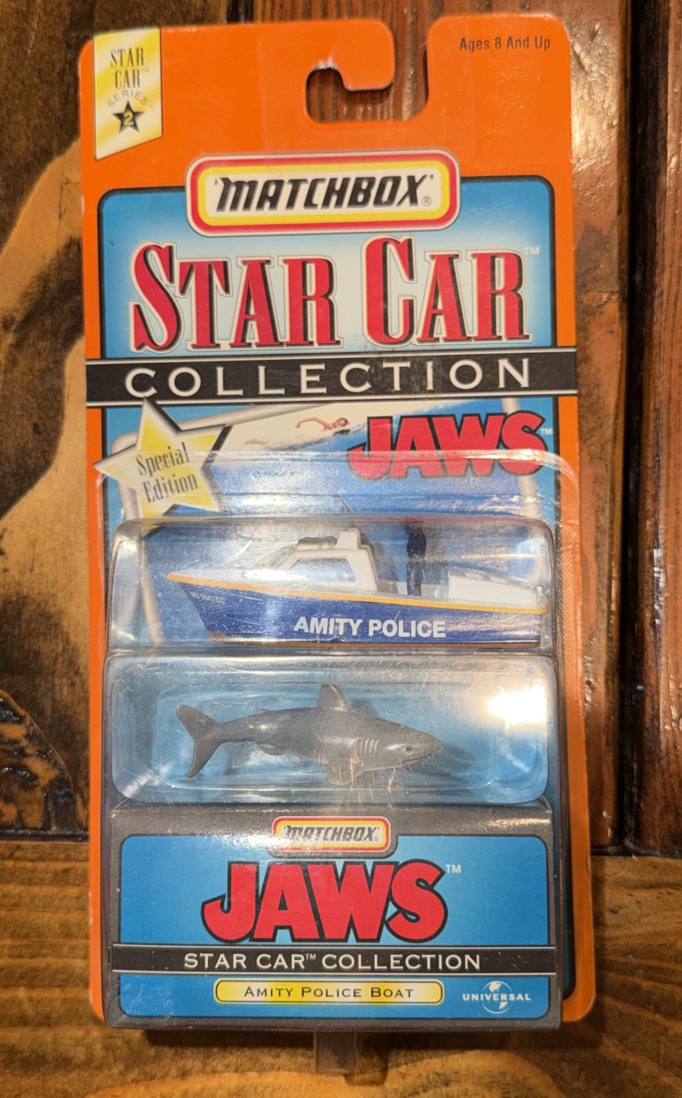 Jaws Amity Police Boat w Shark - 1997 Matchbox Star Car Collection 1/64 Diecast Jaws Amity Police Boat w Shark - 1997 Matchbox Star Car Collection 1/64 Diecast