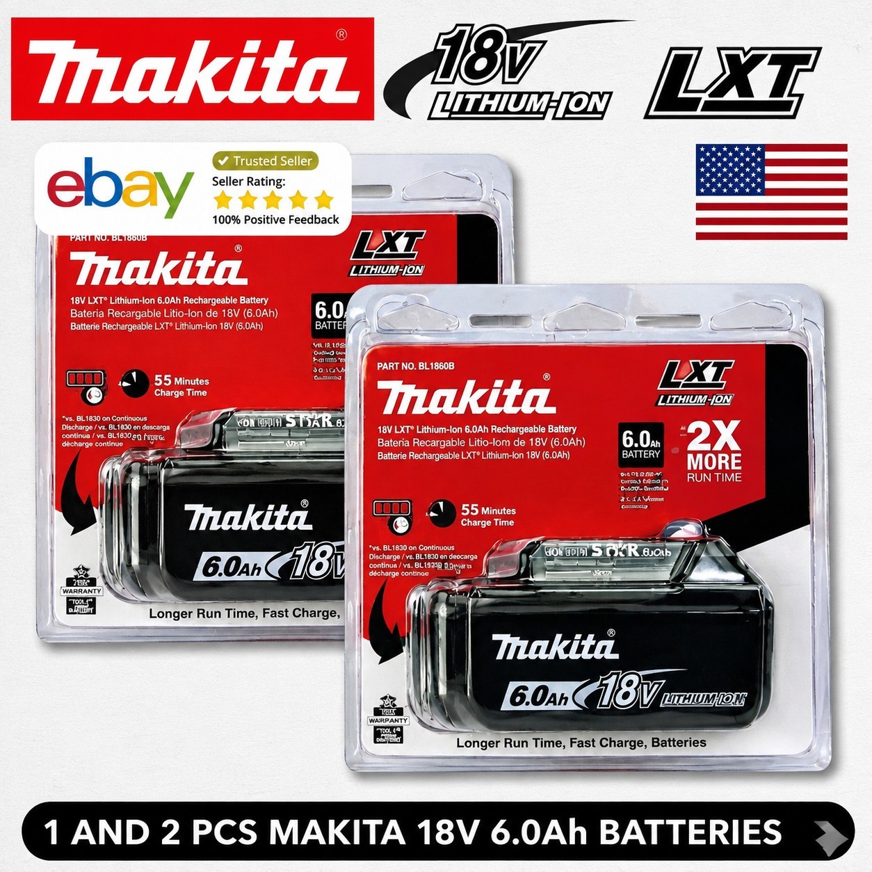2-Pack Geniun Makita BL1860B 18V LXT 6Ah Lithium-Ion Rechargeable Batteries New 2-Pack Geniun Makita BL1860B 18V LXT 6Ah Lithium-Ion Rechargeable Batteries New
