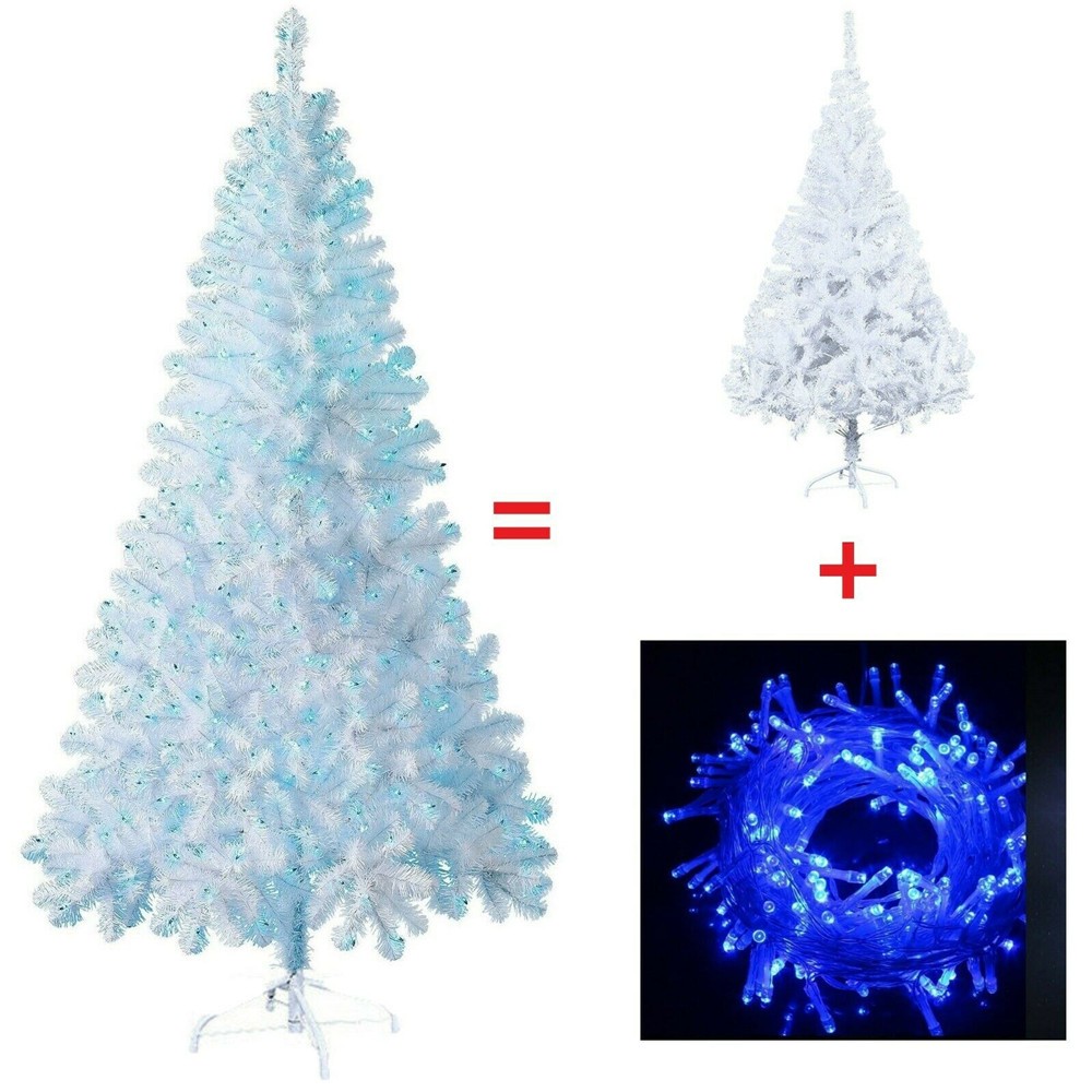 4/5/6/7FT Artificial Christmas Tree with Blue LED Lights Stand Xmas Holiday