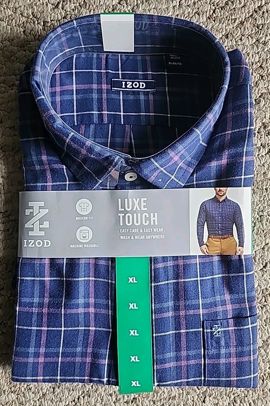 NWT IZOD Men\'s Luxe Touch Plaid Long Sleeve Modern Fit Shirt Dark Blue Size XL 