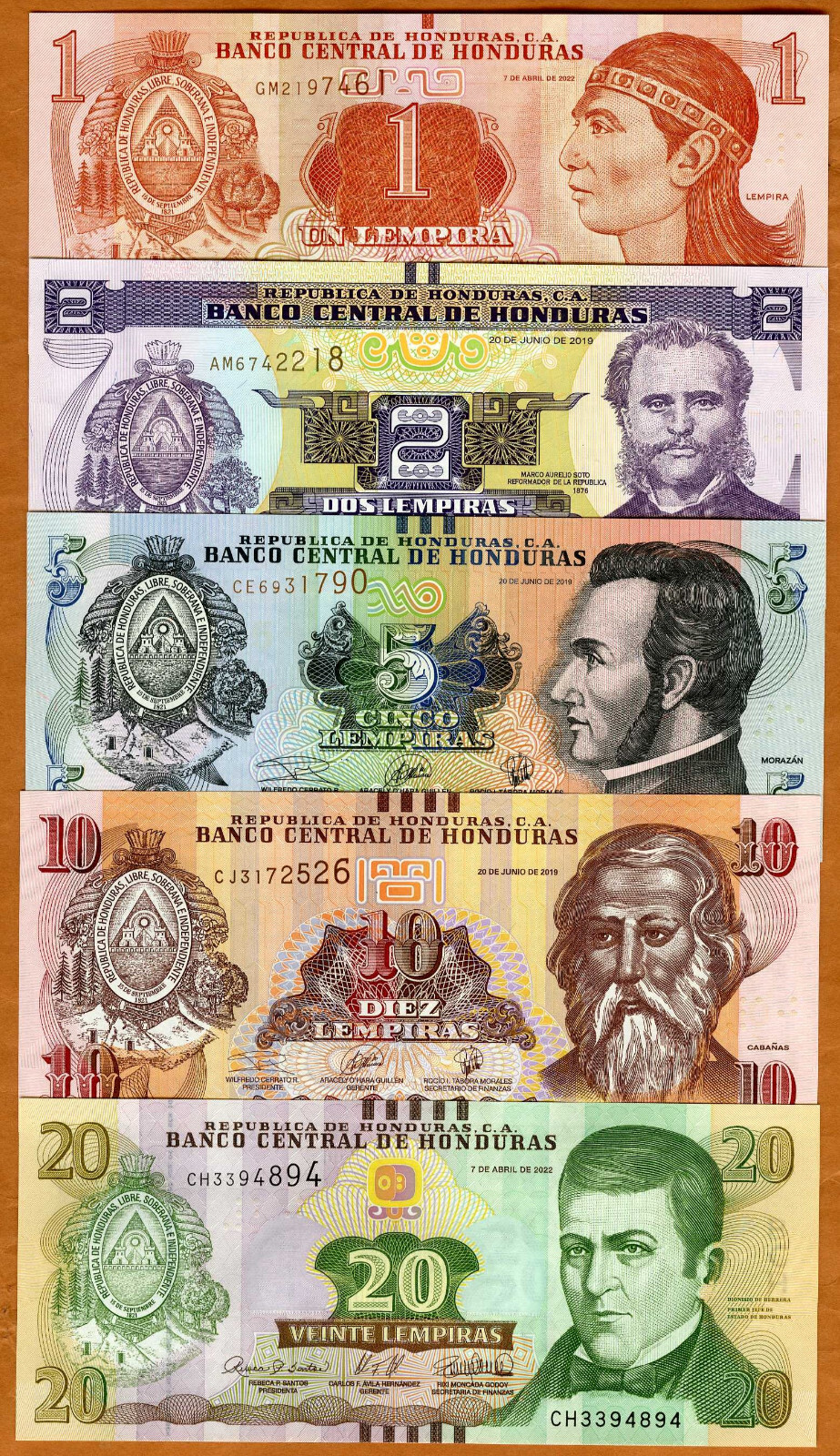 SET Honduras, 1-2-5-10-20 Lempiras, 2019-2024, P-New, UNC