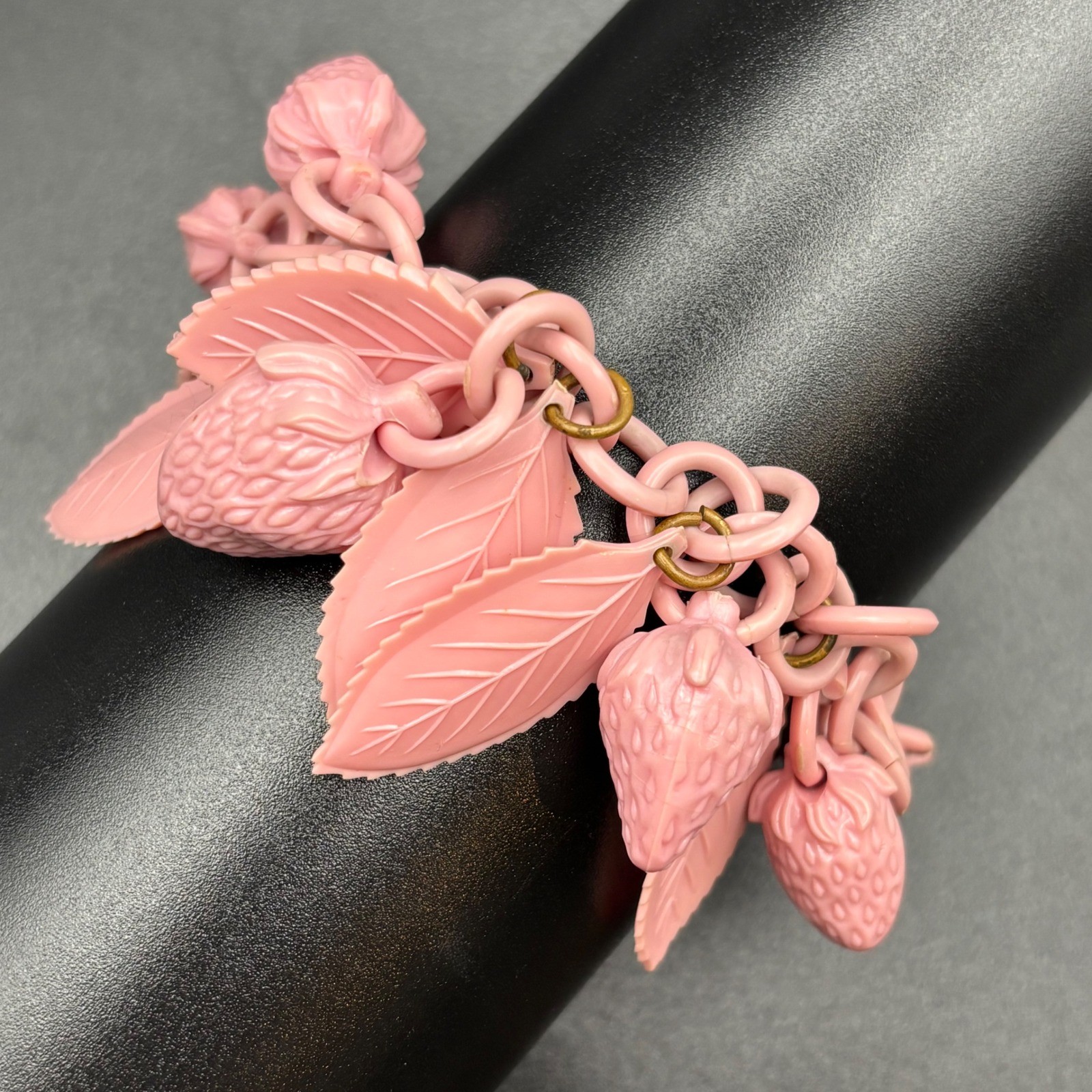 Vintage Celluloid Strawberry Leaf Charm Bracelet Pink 7in Vintage Celluloid Strawberry Leaf Charm Bracelet Pink 7in