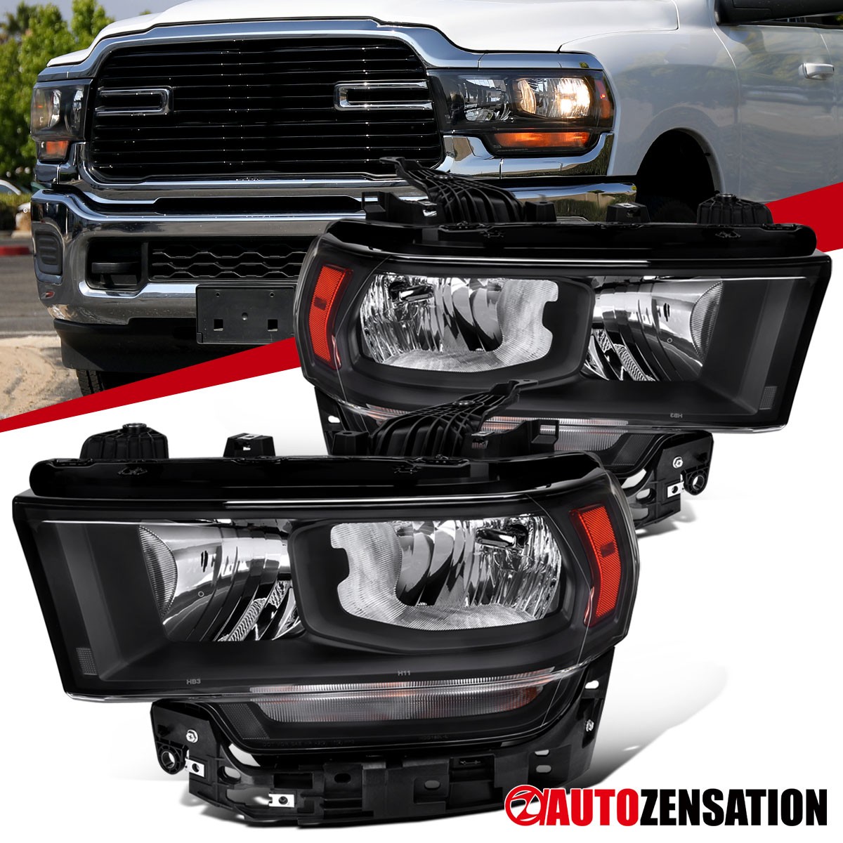 Fit 2019-2024 Dodge Ram 2500 3500 Black Halogen Type Headlights Lamps Left+Right Fit 2019-2024 Dodge Ram 2500 3500 Black Halogen Type Headlights Lamps Left+Right