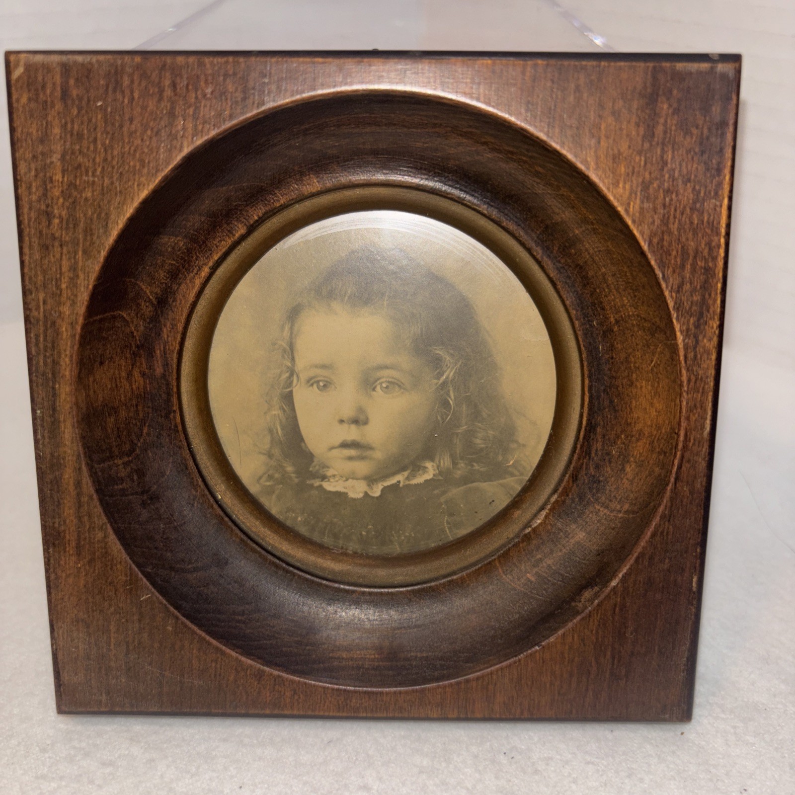 Antique Child Portrait Photograph Round Glass Dark Wood Frame Victorian