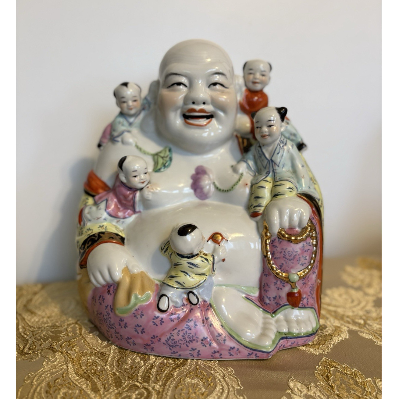 Vintage Porcelain Laughing Buddha (Budai) Statue w/ Children