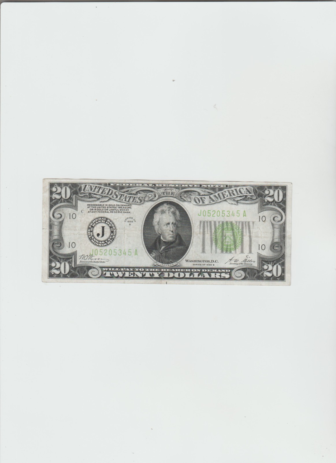 1928 B $20.00  Dollars Gold On Demand Light green Seal