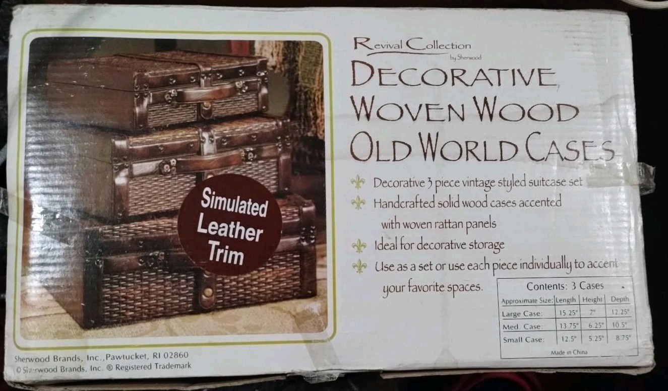 Vintage Sherwood Revival 3 Pc Woven Wood Old World Suitcase Case Set NOS
